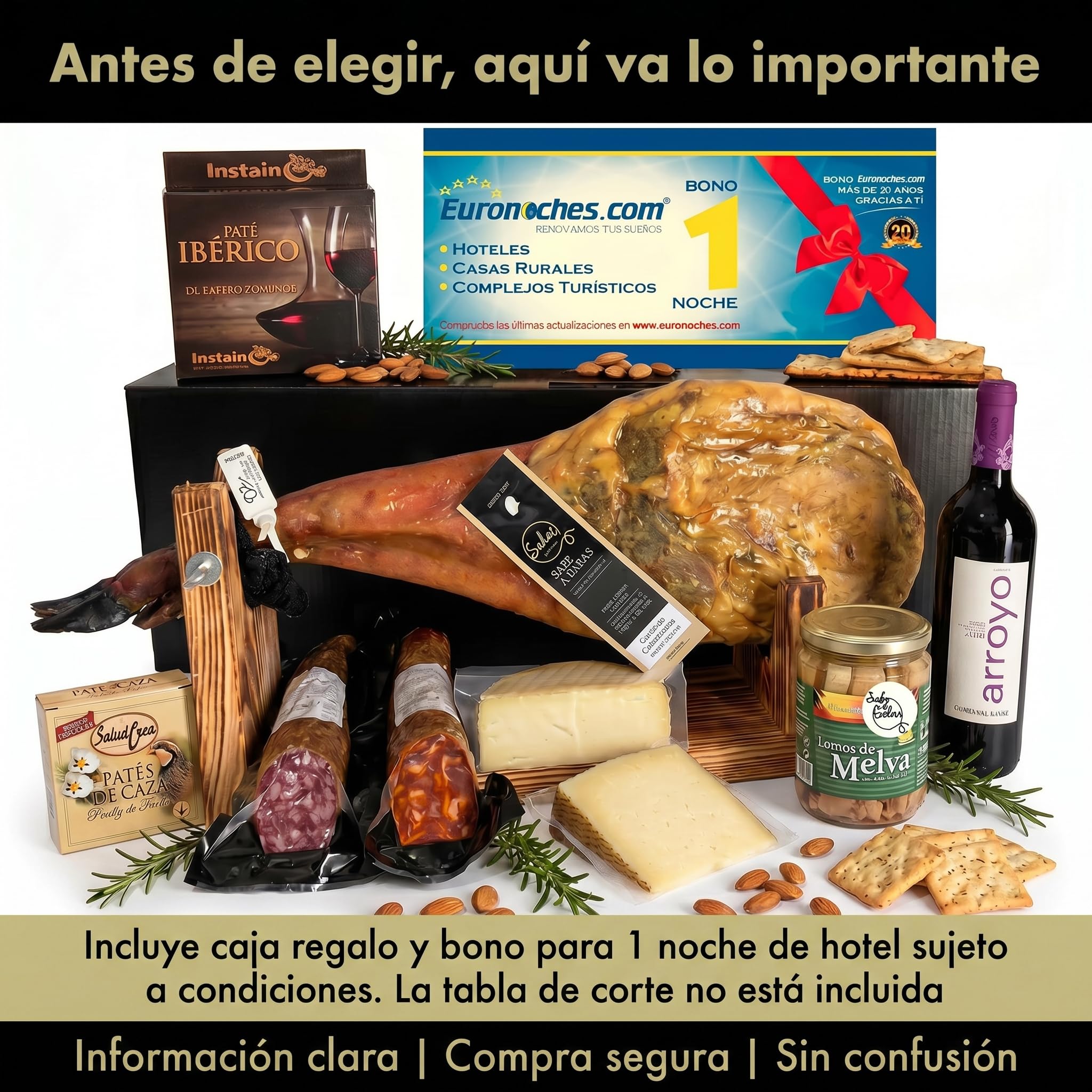 SABE A SABAS Cesta Gourmet con Paleta Ibérica Cebo 50% 5 Kg y Embutidos Bellota Vino Ribera del Duero Queso Curado Patés y Melva Lote de Regalo Navidad Empresa 1 Noche Hotel Gratis Selección Premium