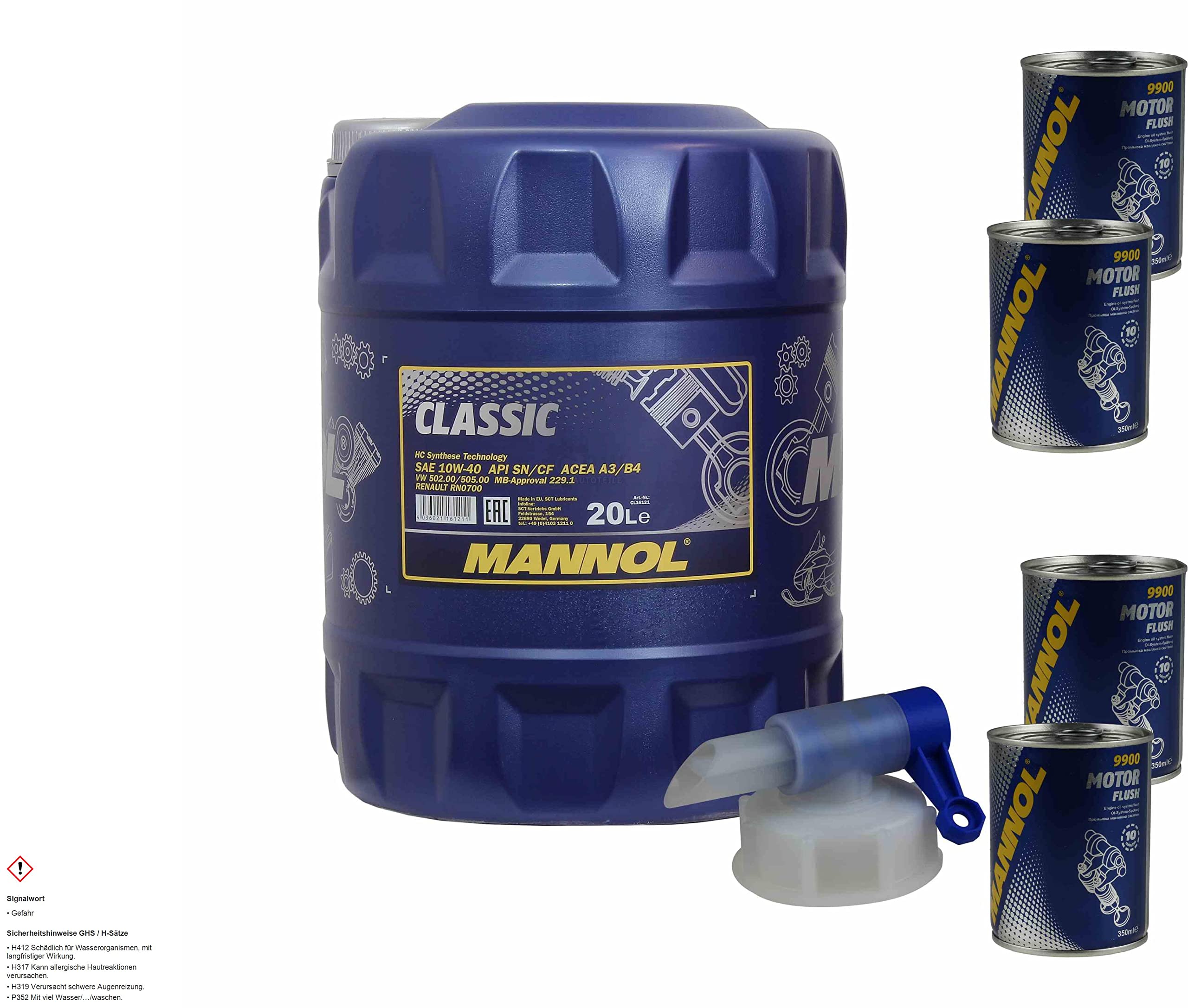 Olio motore MANNOL Classic 10W-40 4x MANNOL Motor Flush ADDITIV 20L