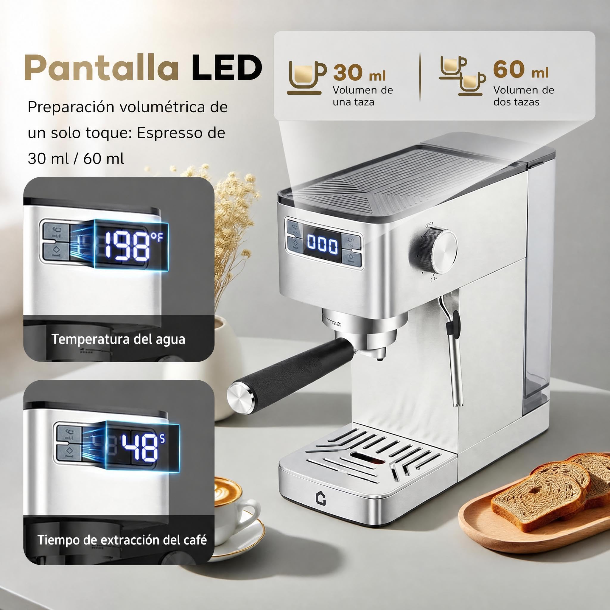 Garvee Máquina De Café Expreso De 15 Bares De Acero Inoxidable, Semiautomática Con Espumador De Leche,Diseño Compacto Depósito De Agua Extraíble De 1,4 l, Pantalla Digital, Perfecta Para Capuchi