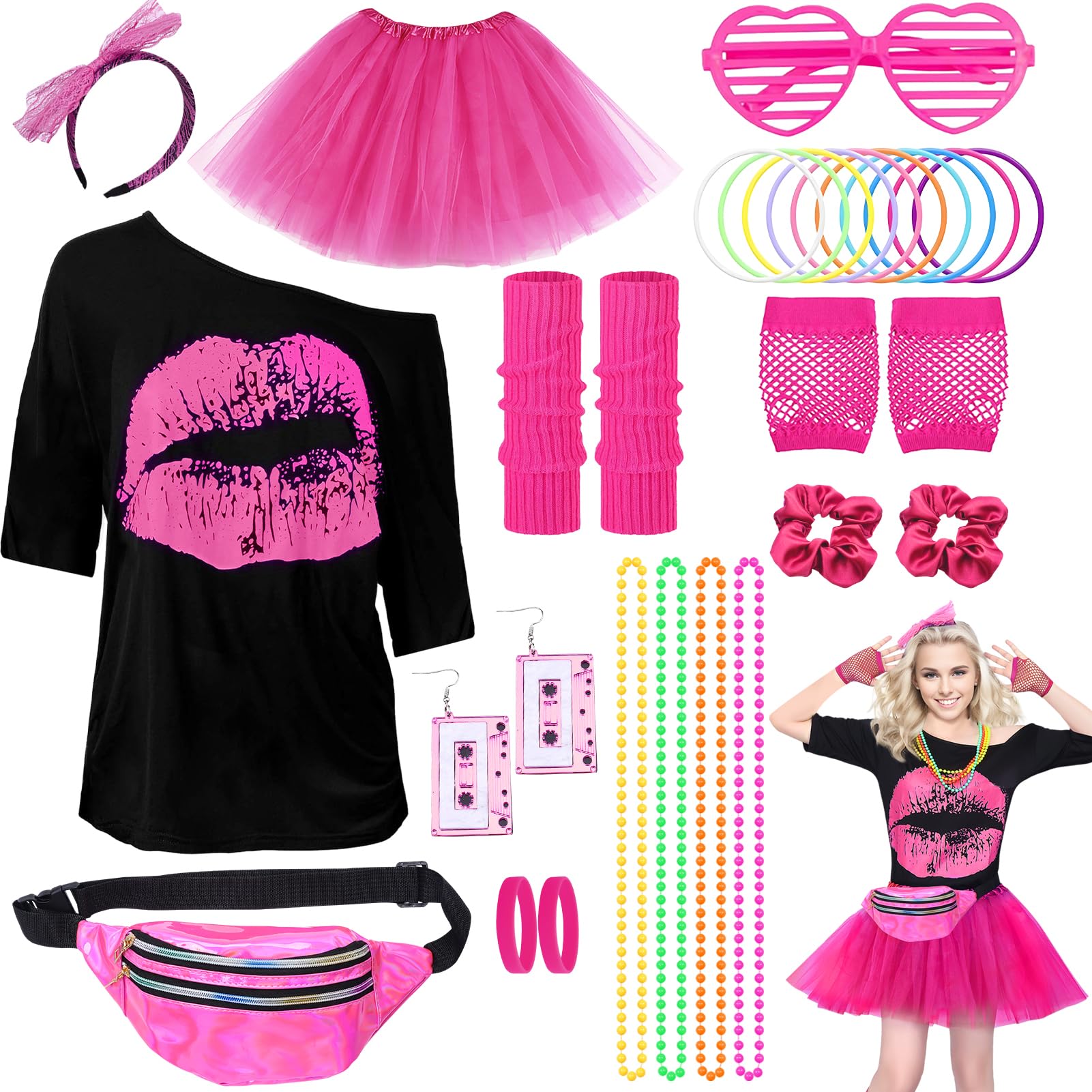 Antsparty 80s Fancy Dress for Women, 1980s Costume Outfits Accessories Set with T-shirt Tutu Bumbag Headband Earring Necklace Glasses, 80s Fancy Party Costume for Women Girls Dress up