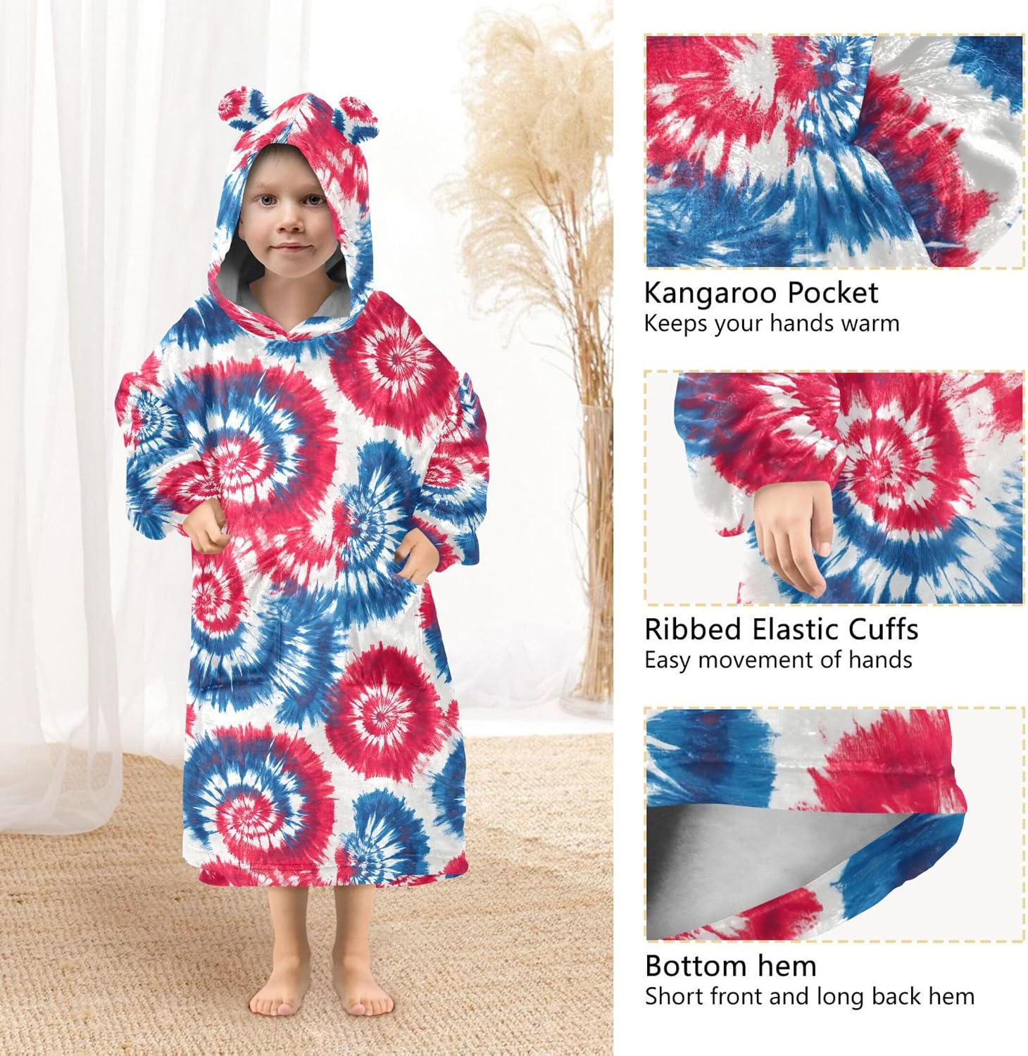 Tie Dye Kids Wearable Blanket Hoodie with Pocket and Sleeves for Toddlers, Cute Hoodies 3-14 Year Girls Boys B0404522