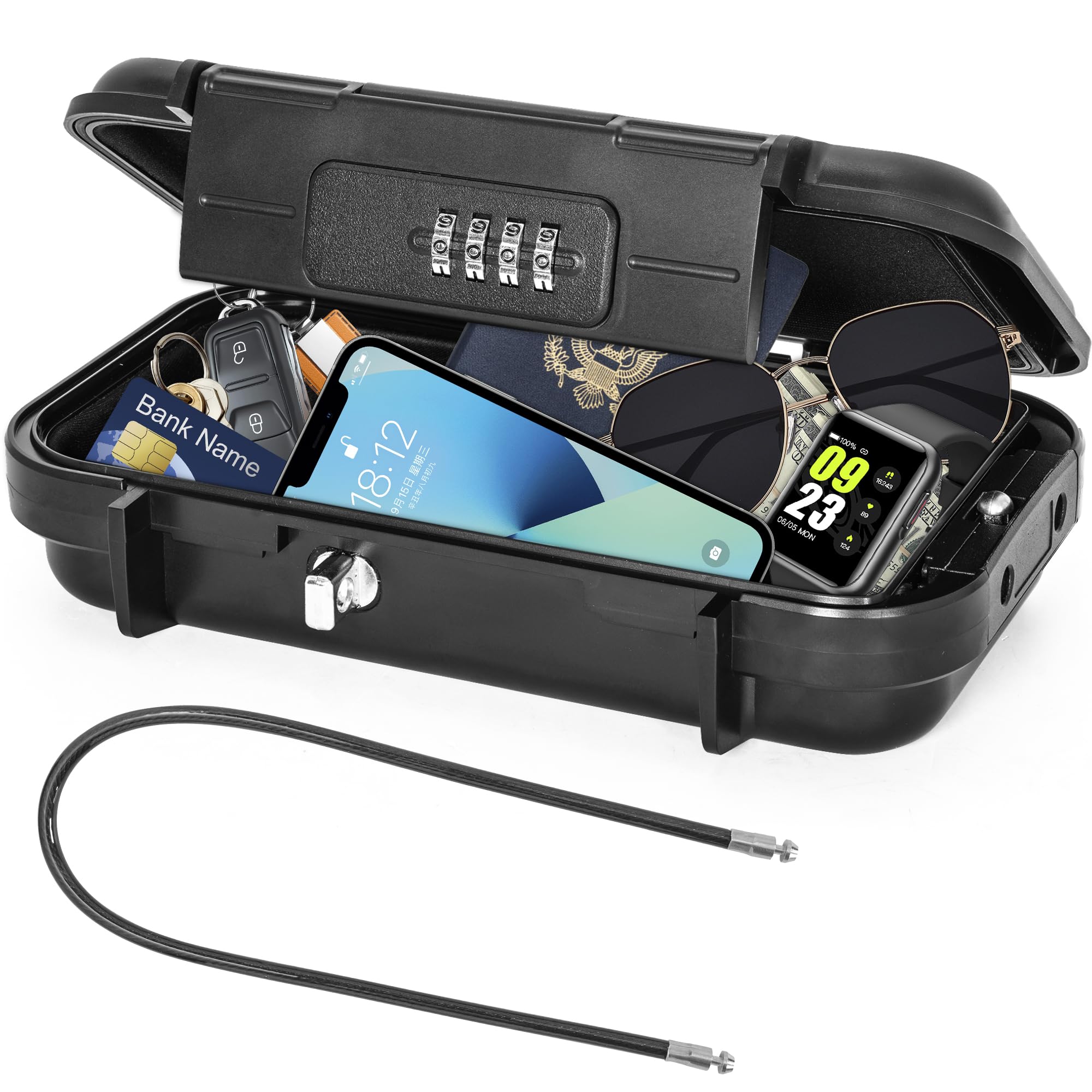BQKOZFIN Portable Safe Box with Code, Waterproof Combination Security Case Lock Box with Removable Wire Rope, Anti-Theft Mini Travel Safe Box for Beach, Hotel, Car, Home, Office (Black)