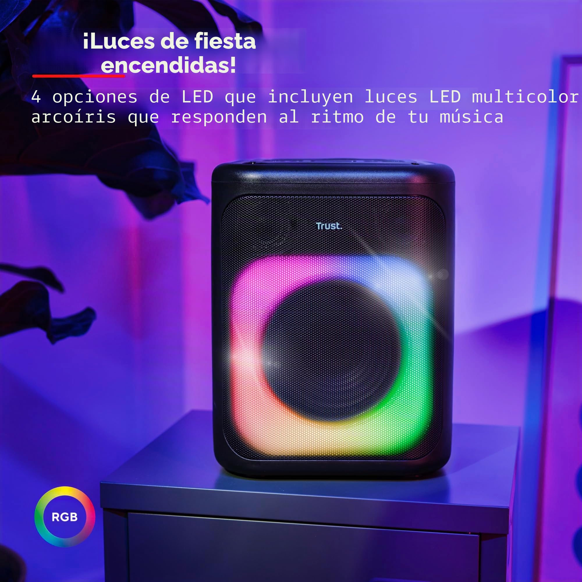 Trust Azura Altavoz Bluetooth Potente 100W para Fiestas, Altavoz Portátil Inalámbrico Luz LED RGB Intemperie IPX4, Altavoces Bluetooth Batería Recargable 11H, 2 Entradas de Micrófono Karaoke