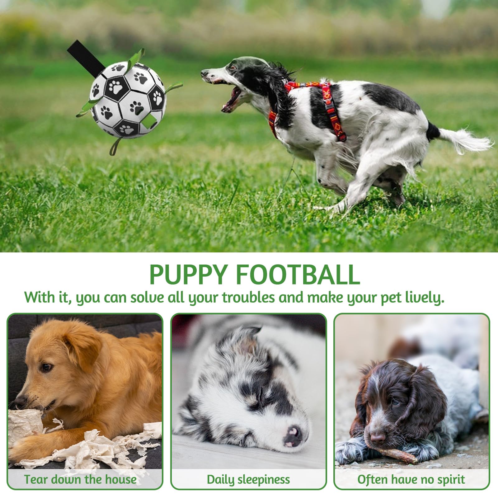 YHSKJCD Dog Football Ball and Tug Toys for Small & Medium Dogs - Interactive Water Toys with Grab Tabs, white,black,green, 15cm/6in - Image 3