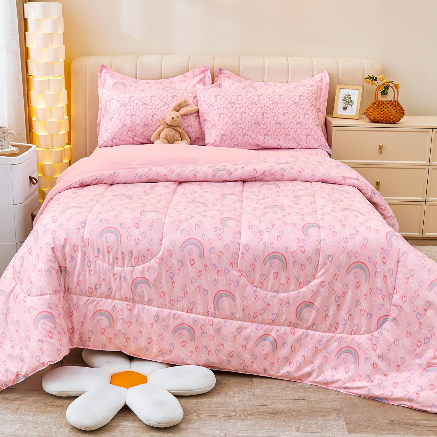 Viviland Twin Pink Rainbow Comforter Set for Girls, Kids Brushed Microfiber Twin Bedding Set, 5 Pieces Bed in A Bag, Girls Comforters with Sheet Set, Shams, Love Heart Printed, Machine Washable