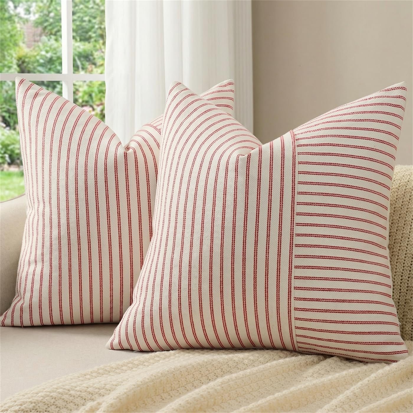 YCOLL 2er Set Kissenbezug 40x40 Baumwolle Leinen Kissenhülle Sofakissen Streifen Dekokissen Boho Deko Kissenhüllen Dekorativ Kissenbezüge für Sofa Wohnzimmer Schlafzimmer Outdoor Kissen 40x40 Red