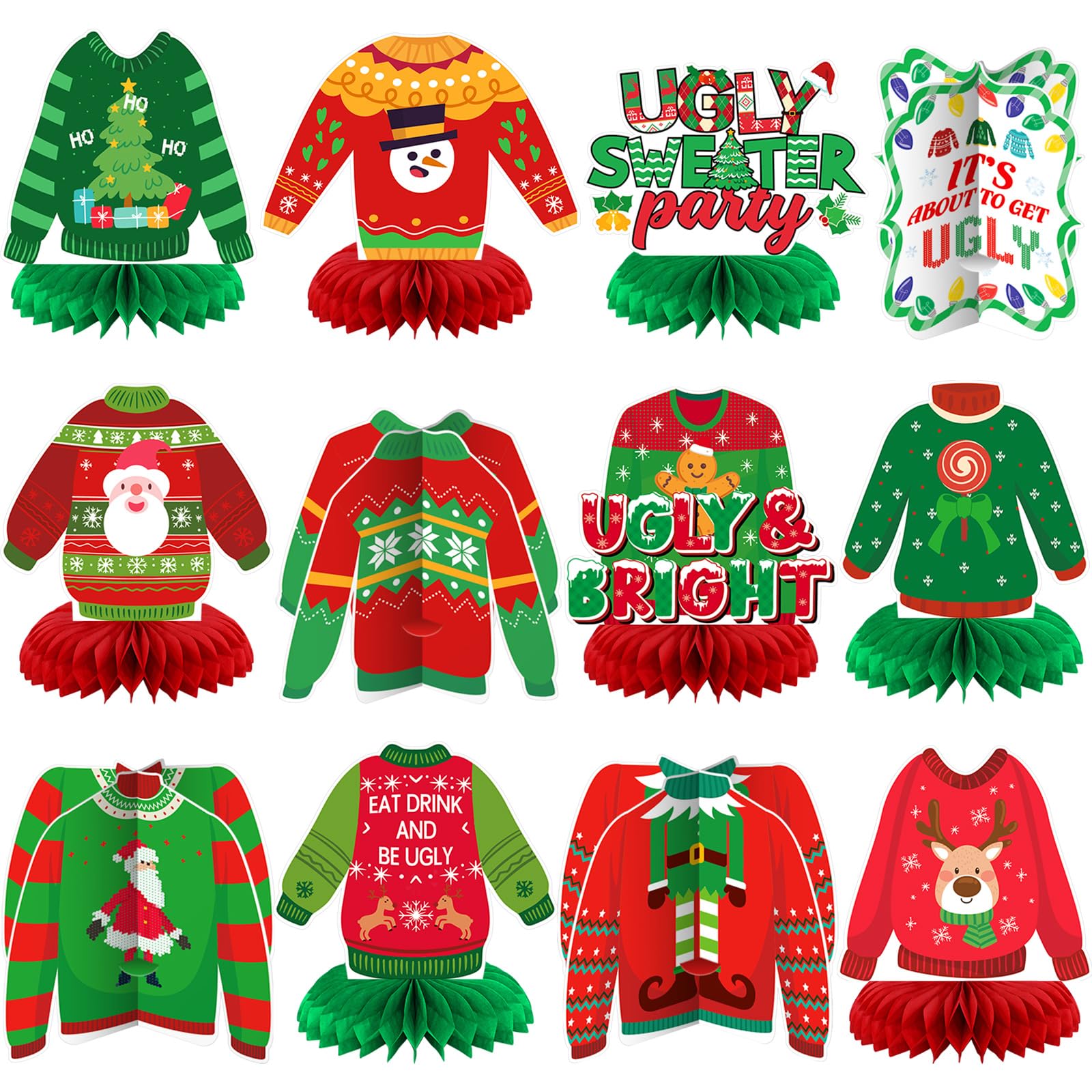 12 Pcs Christmas Ugly Sweater Honeycomb Centerpieces for Tables
