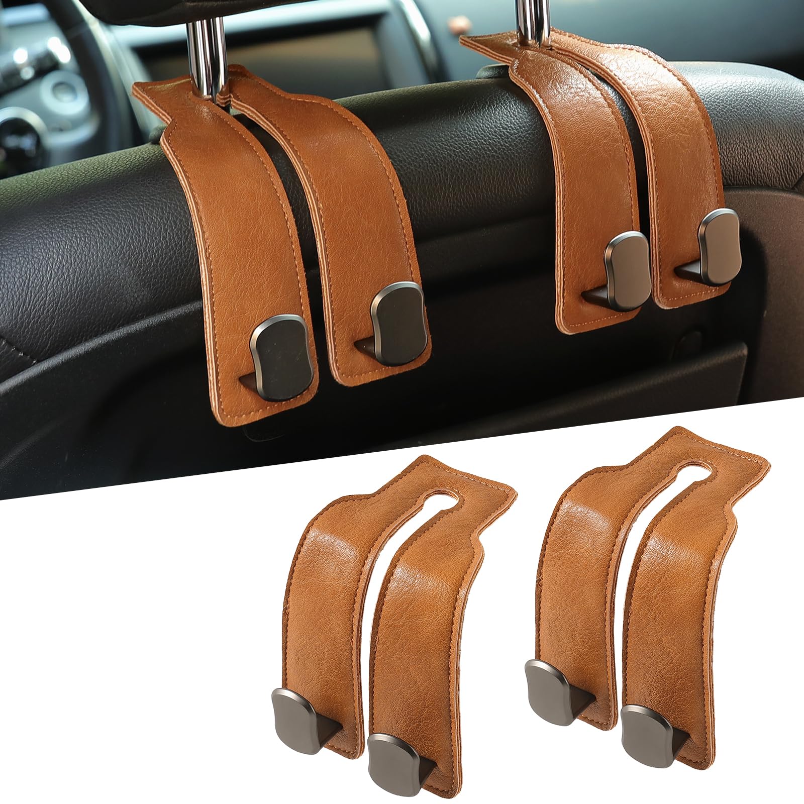 KINIVA Car Seat Headrest Storage Hooks, Set of 2, Suede PU Leather, Double Hooks (06-Brown)