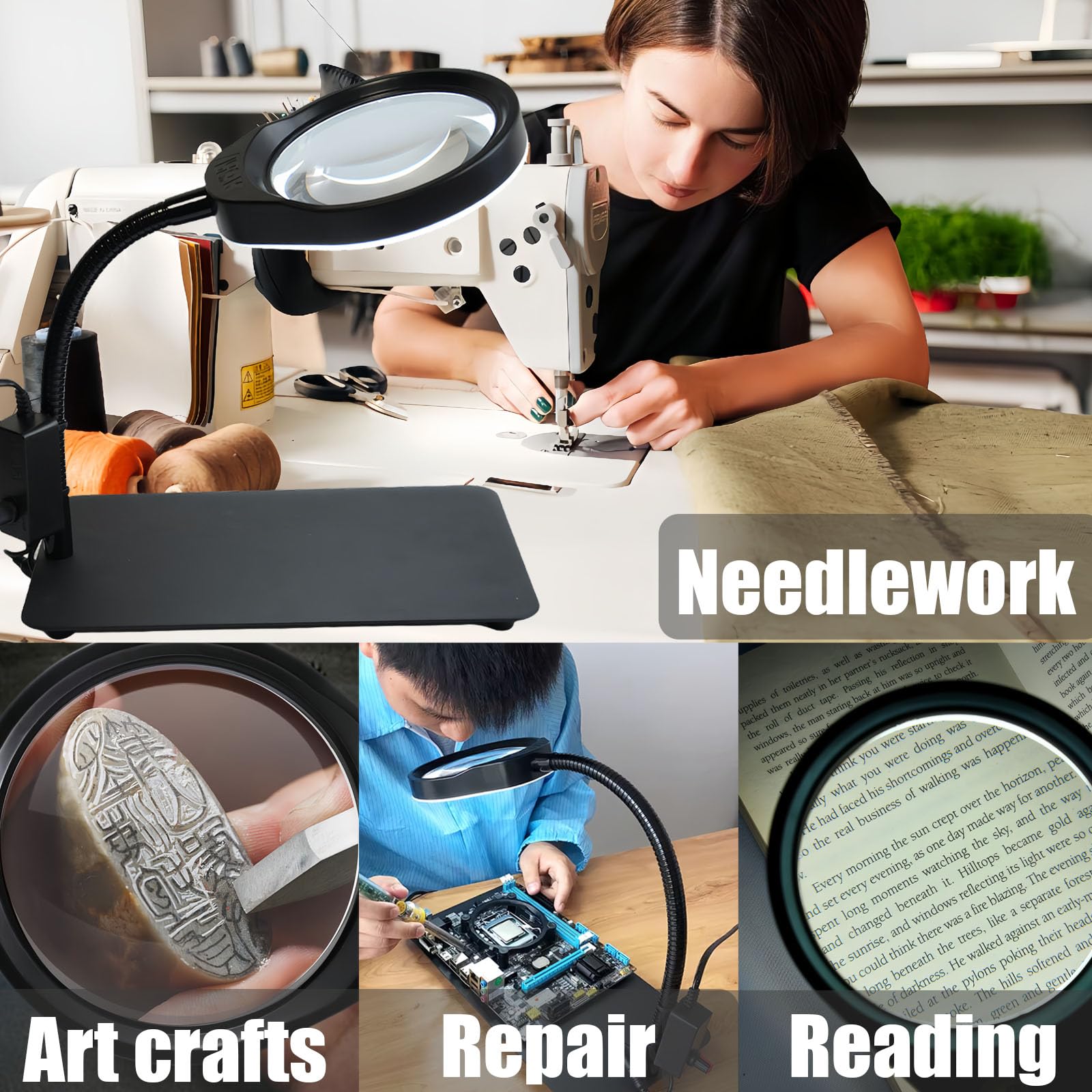 Lupa con luz y soporte, 10 aumentos, flexible, cuello de cisne, lámpara LED de escritorio, manos libres, para manualidades, lectura, pintura, pasatiempos, trabajo cercano (negro)