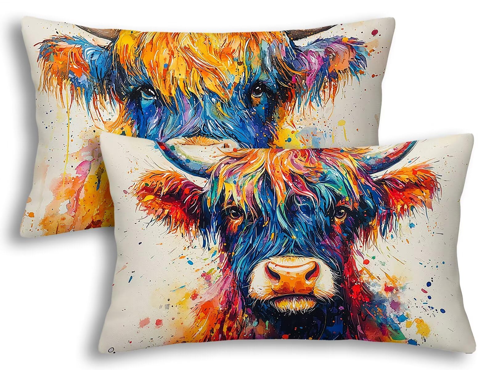 Lot de 2 housses de coussin Highland Cow rectangulaire avec traitement déperlant lin