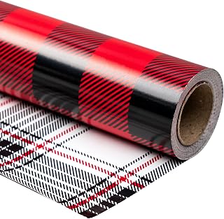 WRAPAHOLIC Reversible Christmas Wrapping Paper - Mini Roll - 17 Inch X 33 Feet - Black and Red Plaid Design for Holiday, Party, Celebration