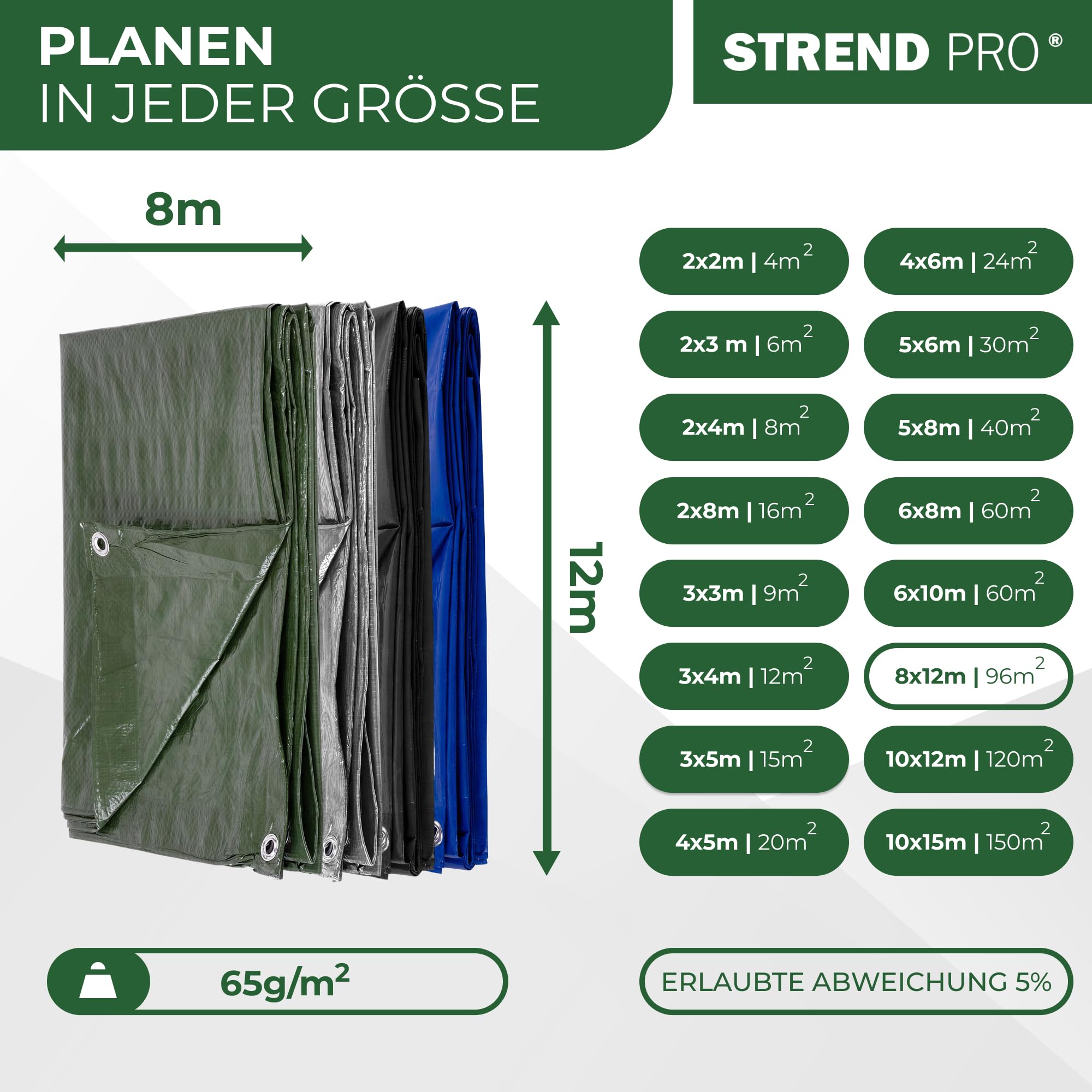 STREND PRO Abdeckplane 8x12 – Wasserdicht mit Ösen | Outdoor Gewebeplane Bauplane 65g/m² | Regenplane grün 8x12m| UV-beständig | Holzplane für Gartenmöbel, Zelt, Camping | Abdeckung Plane