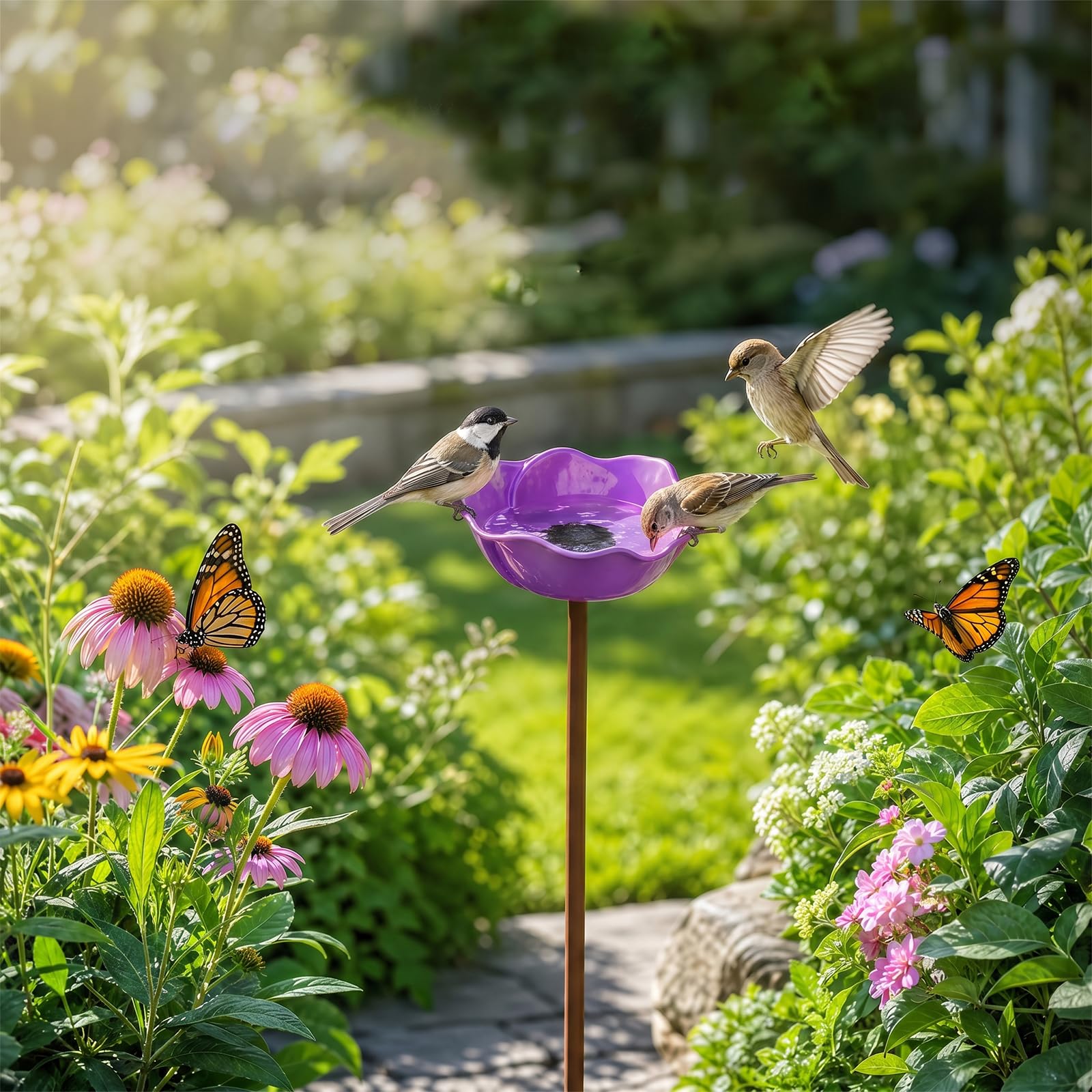 Bpyhebe Metal Flower Bird Feeder Stake, Handmade Bird Bath Butterfly Bee Watering Station for Outdoor Garden Yard Decor(Purple)