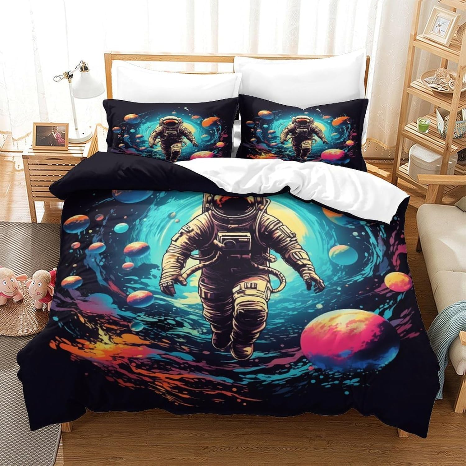 Housse de couette 200x200 cm galaxie avec 2 taies d'oreiller 65x65 fermeture éclair