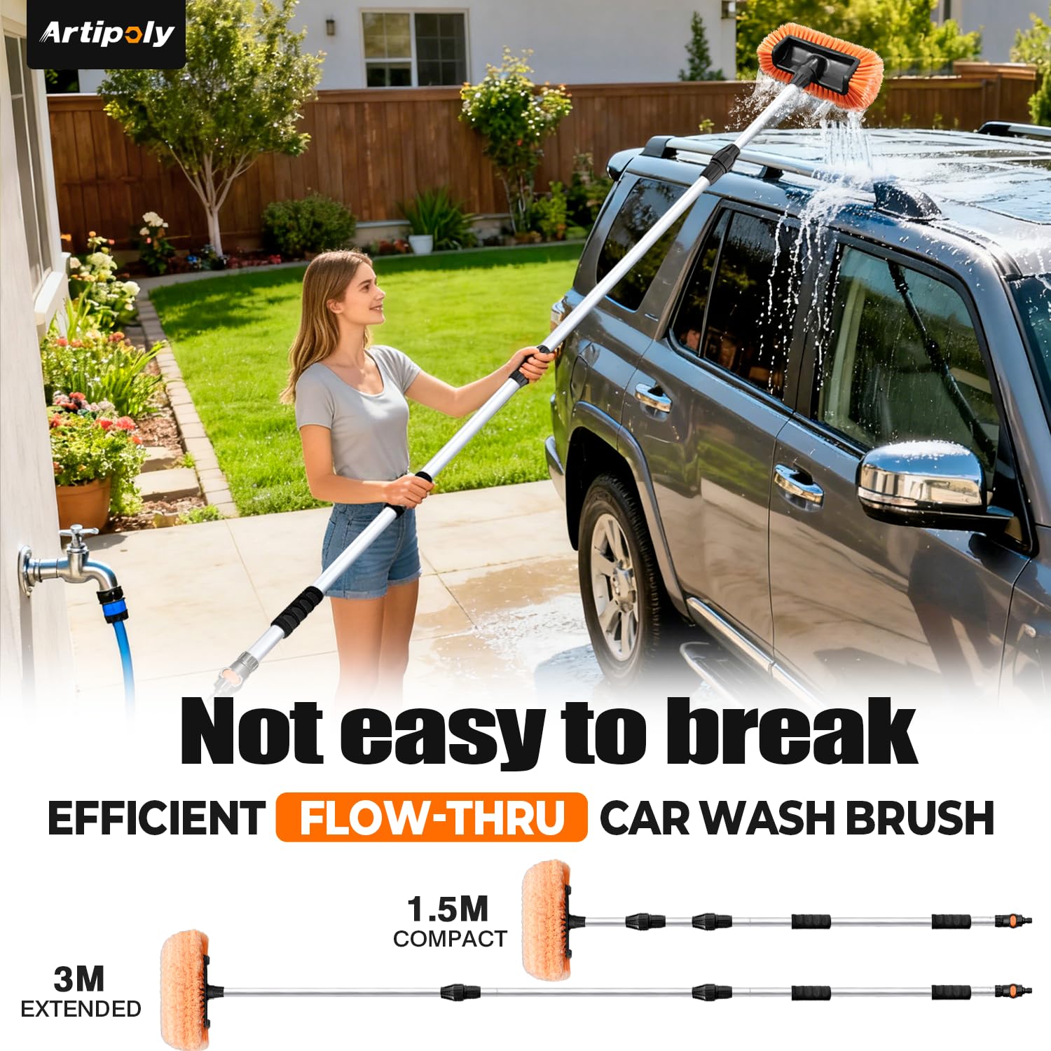 3,6m Spazzola per autolavaggio con manico lungo, 30cm setole morbide, manico estensibile da 1,5-3,6m e collegamento per tubo flessibile, nonché interruttore on/off per auto, camper, camion(arancione)