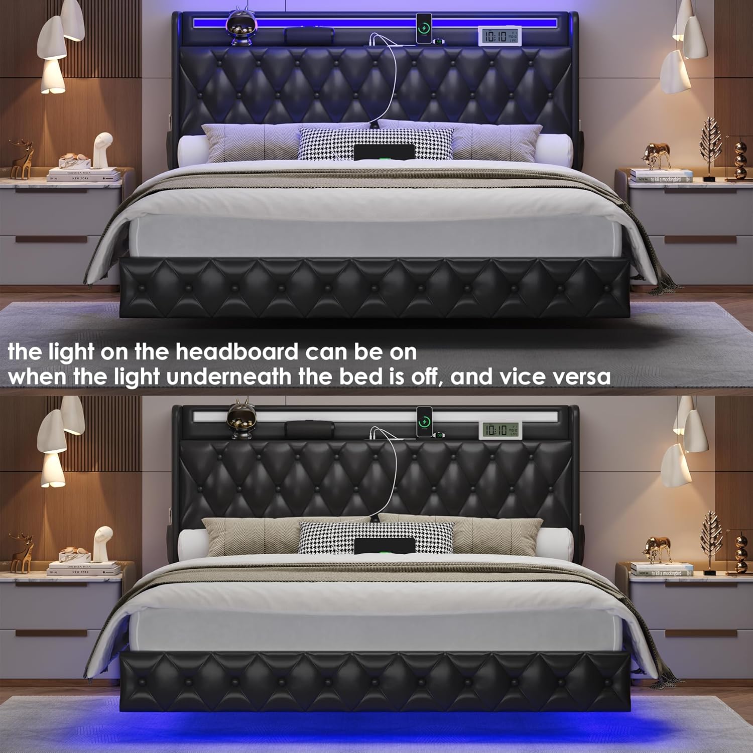 Keyluv King Floating Bed Frame with LED Lights & Charging Station, Upholstered PU Leather Platform Bed with Button Tufted Storage Headboard, No Box Spring Needed, Noise-Free, Easy Assembly, Black