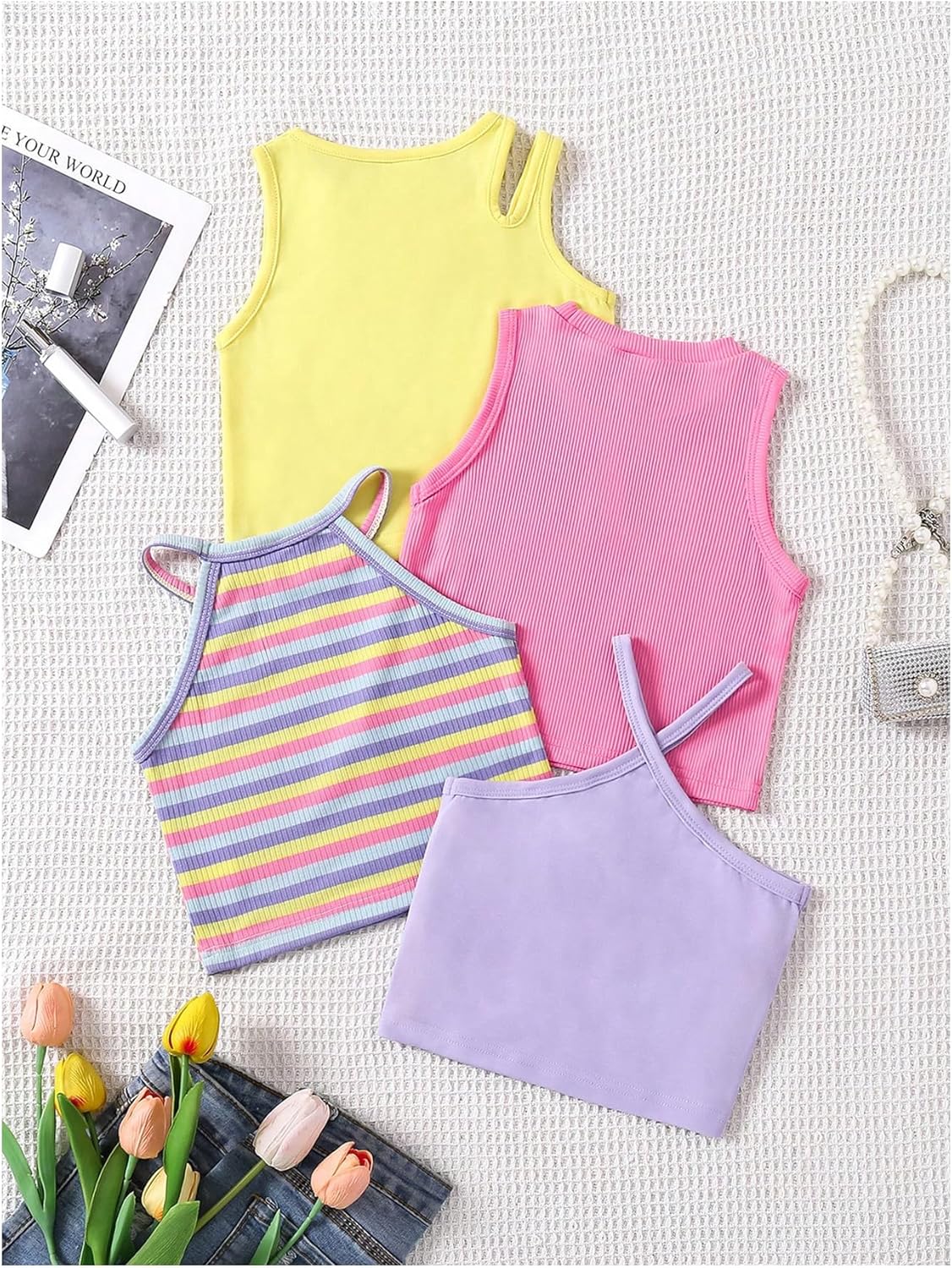 OYOANGLE Toddler Girl's 4 Pack Ribbed Knit Cropped Tank Top Sleeveless Cut Out Halter Tops - Image 3