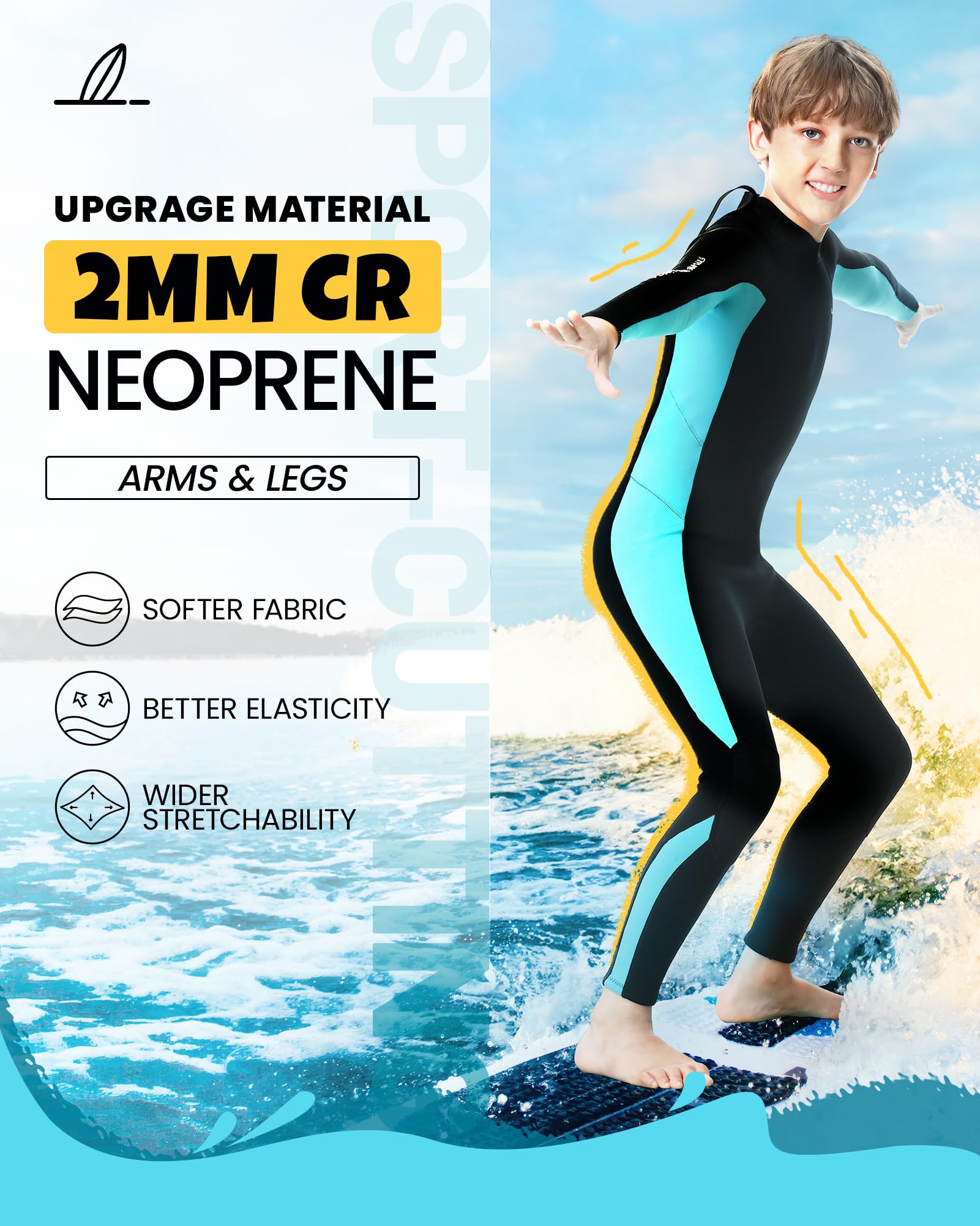 3mm Kinder Neoprenanzug, Sicheres Design CR-Neopren, UV-Schutz, Rückenschleißverschluß für Schwimmunterricht für 6-15 Jahre Jungen und Mädchen, Ideale Thermal Neopren Langarm im kalten Wasser
