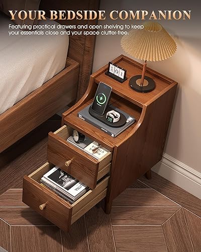 Miniatura 3 de Mesita de noche estrecha con cajones, mesa de noche delgada de madera maciza de 11.8 pulgadas con estante abierto y orificio para cable, armario de