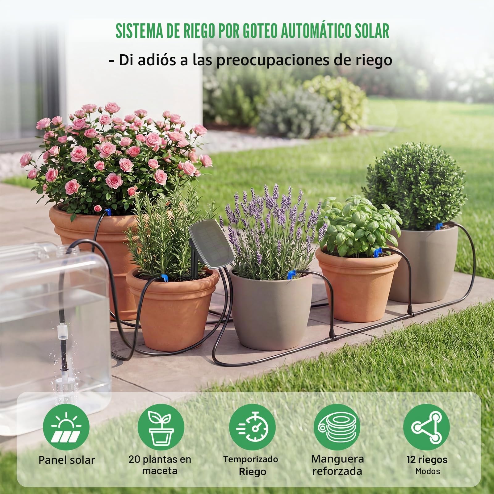 Sistema de riego solar para balcón para 20 plantas en macetas - 2026 Sistema de riego automático más reciente con 12 modos de temporizador y tubo de goteo de 20 m para plantas de jardín, plantas de