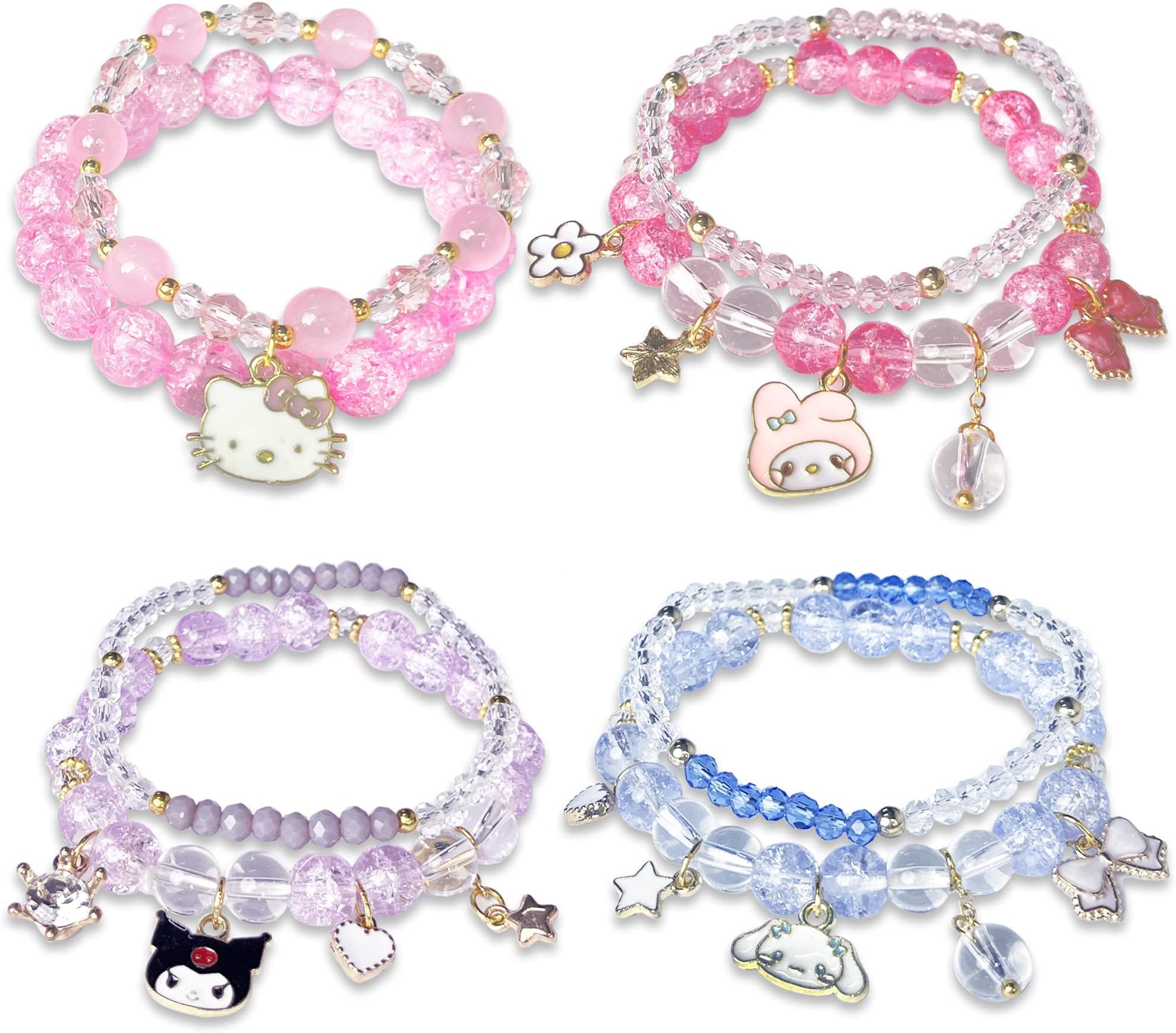 Excefore Crystal Bracelets Cartton Pendant, 4 Pieces Kawaii Pearl Cute Cartoon Elastic Beaded Bracelets, Kitty Themed Pendant Bracelets Gift for Teen Girls, Kids