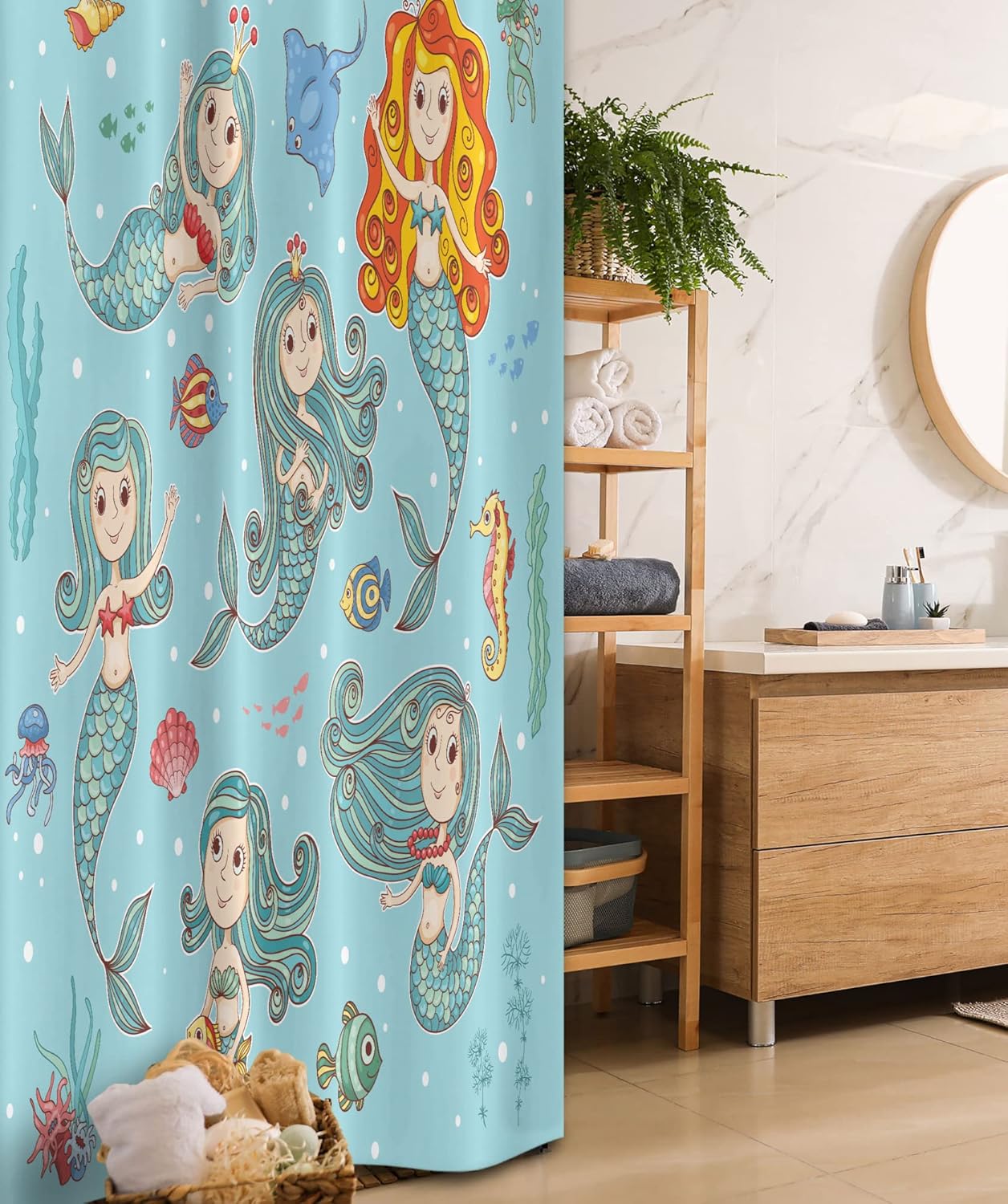 Ambesonne Mermaid Stall Shower Curtain, Composition Girls Different Types of Sea Creatures Marine Themed Print, Fabric Bathroom Decor Set with Hooks, 36" W x 72" L, Teal Orange