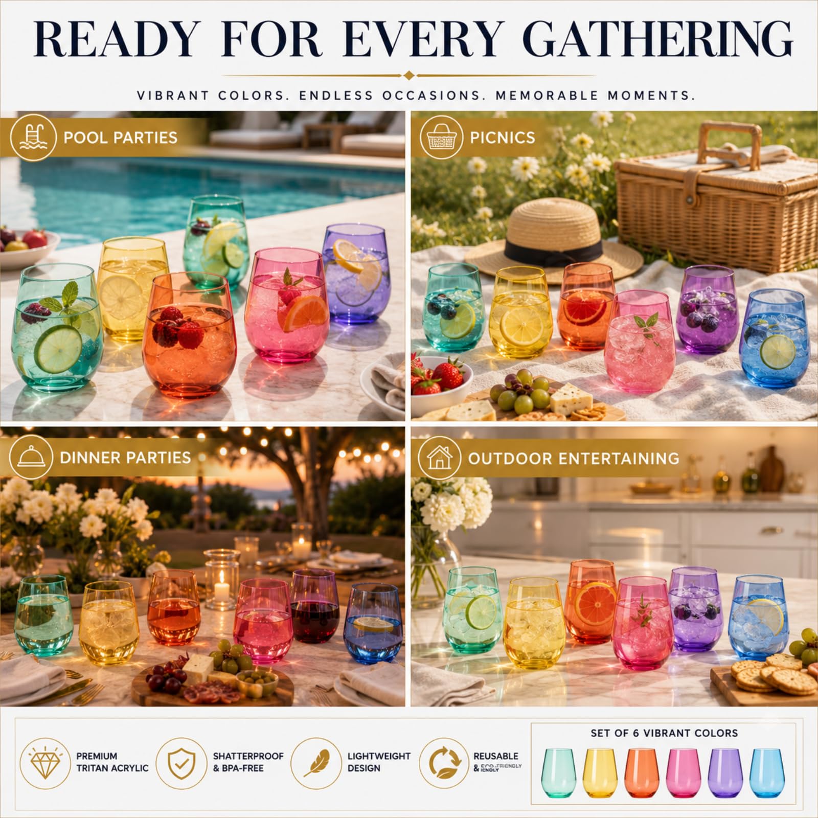 Lot de 6 verres à vin sans pied en plastique de style européen incassables et sans BPA, réutilisables, pour extérieur, piscine, intérieur, lavage à la main, 425 g