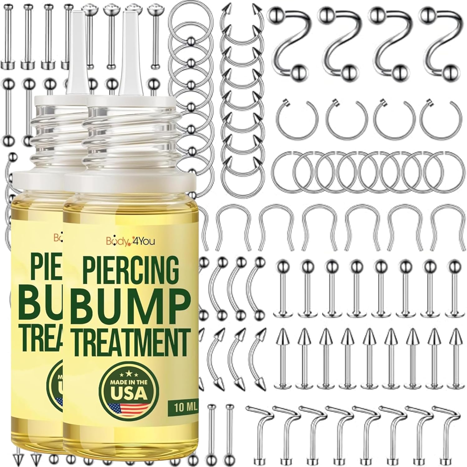 BodyJ4You 120PC Body Piercing Jewelry Kit - Piercing Aftercare Bump Treatment Keloid Removal Solution - 14G 16G 18G 20G CBR BCR Rings Barbells Studs Screws Curved Bars