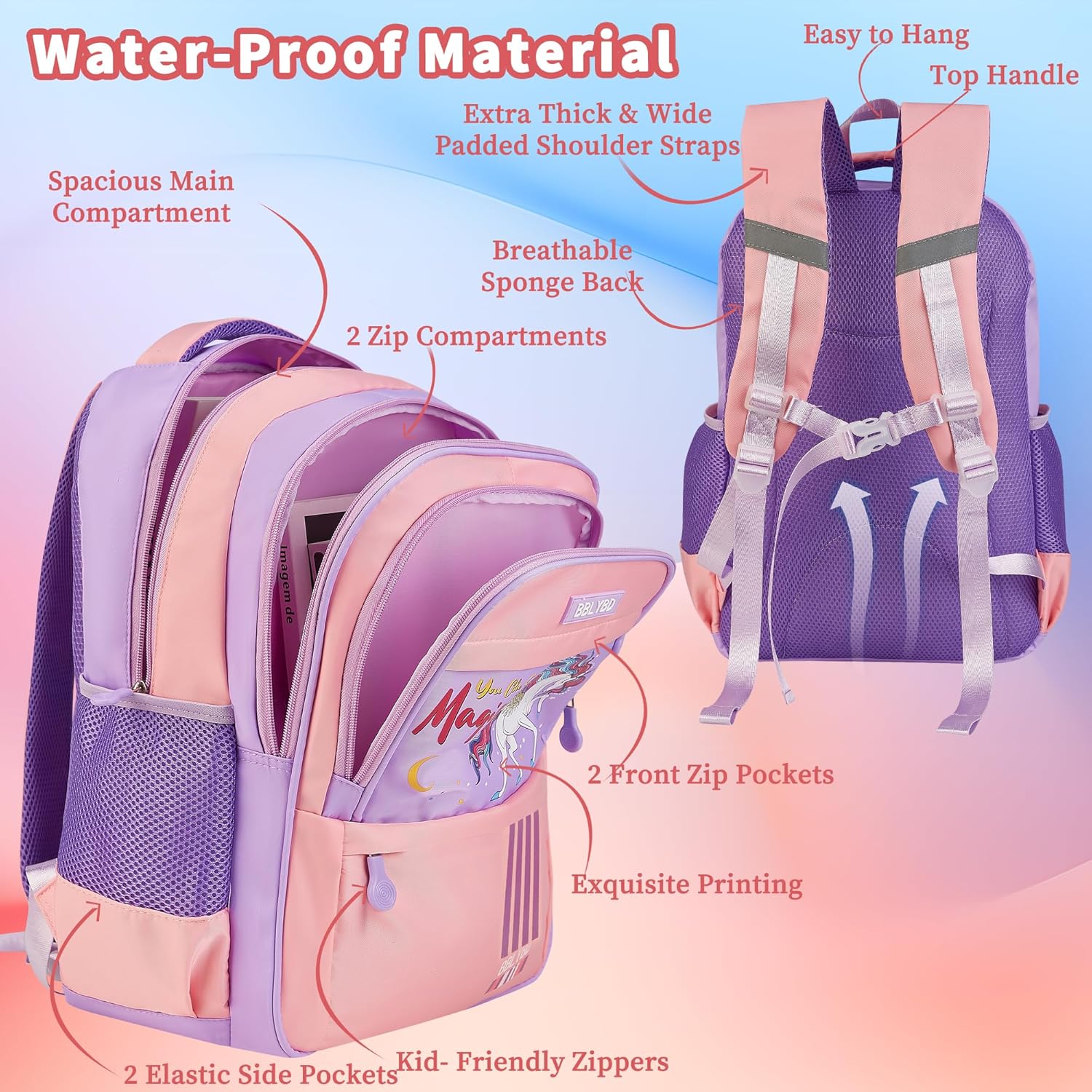 Girls Backpack with Lunch Box, Cute School Backpack for Kids Teen Elementary, Large Capacity Kids Bookbag 3 Pcs Set age 3