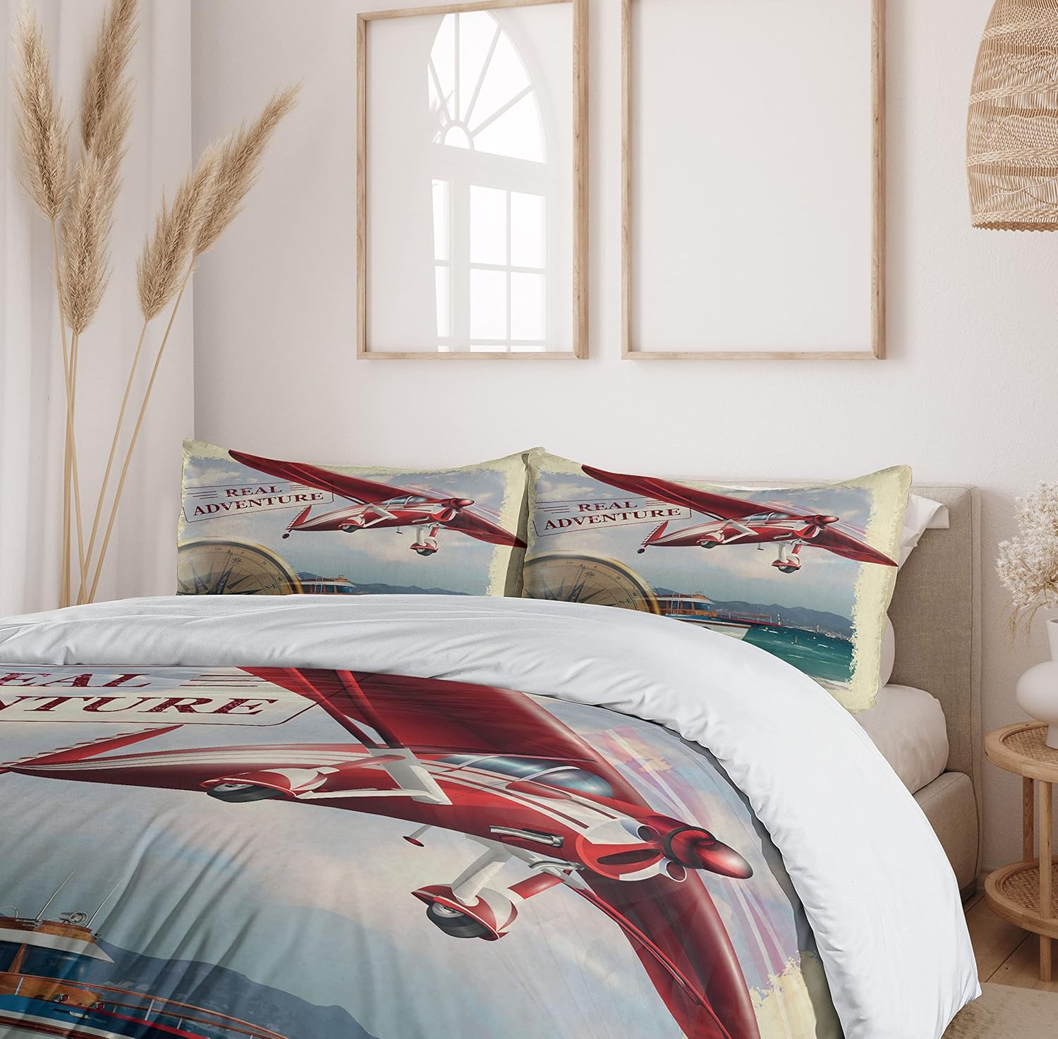 Ambesonne Saying Duvet Cover Set, Real Adventure Words Coastline and a Red Airplane Journey Travel Themed Art, Decorative 3 Piece Bedding Set with 2 Pillow Shams, King Size, Ruby Beige King Ruby Beige