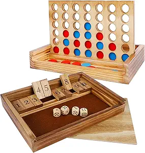 Glintoper Shut The Box & 4 in a Row Wooden Tabletop Game Set for Kids and Family