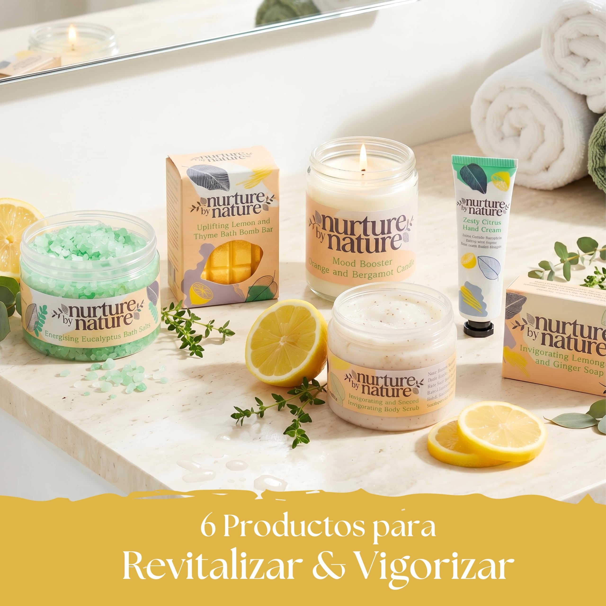 Nurture By Nature Set de Regalo para Mujer, Aceite Esencial, Sales de Baño, Jabón, Bombas de Baño, Vela