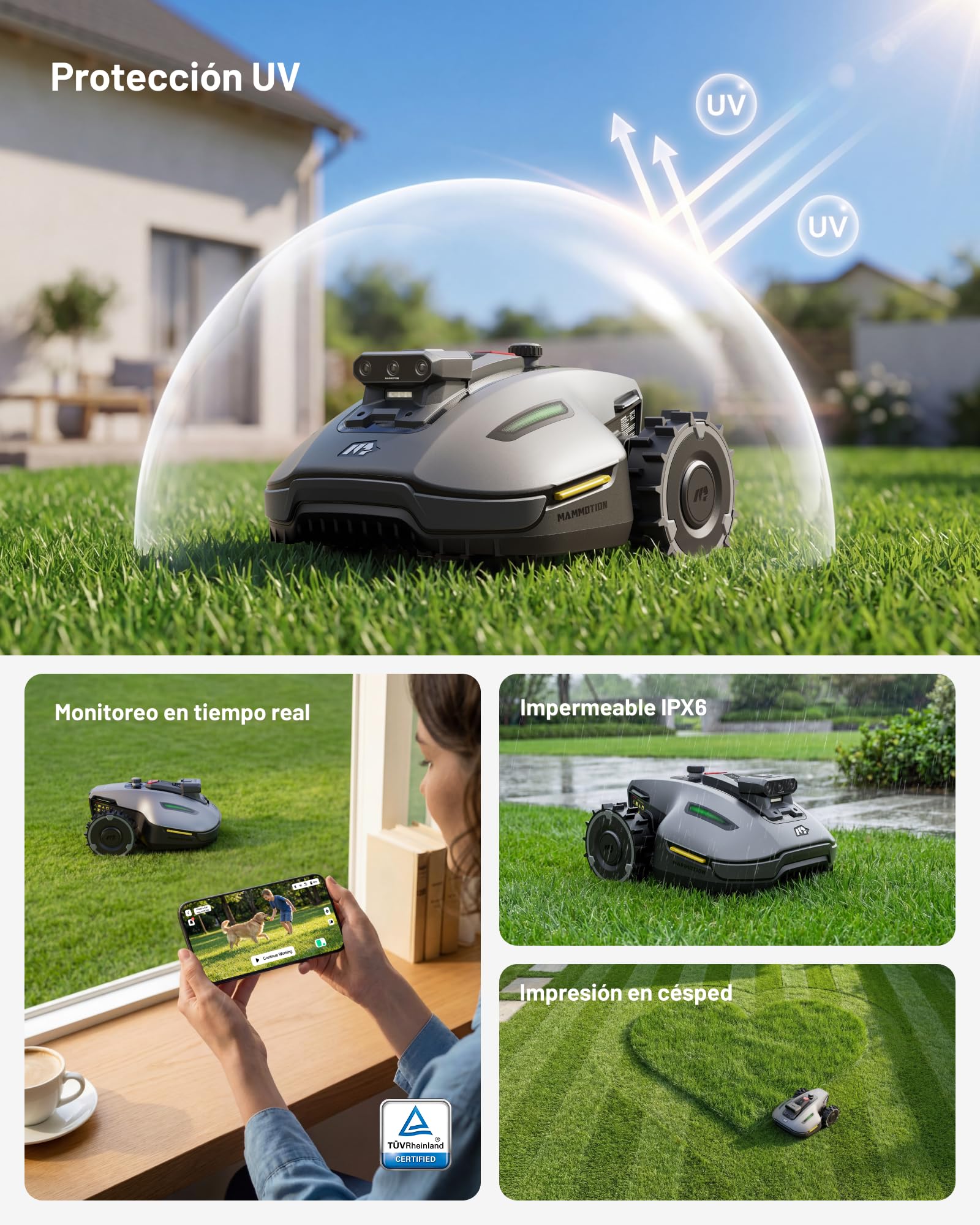MAMMOTION YUKA Mini 2 500 Robot Cortacésped sin Cable Perimetral, Sin Señal Perdida, Sin RTK, Visión AI Tri-CAM, DropMow, Pendientes hasta un 45%, hasta 500㎡, Mapeo Automático Multi-Zona