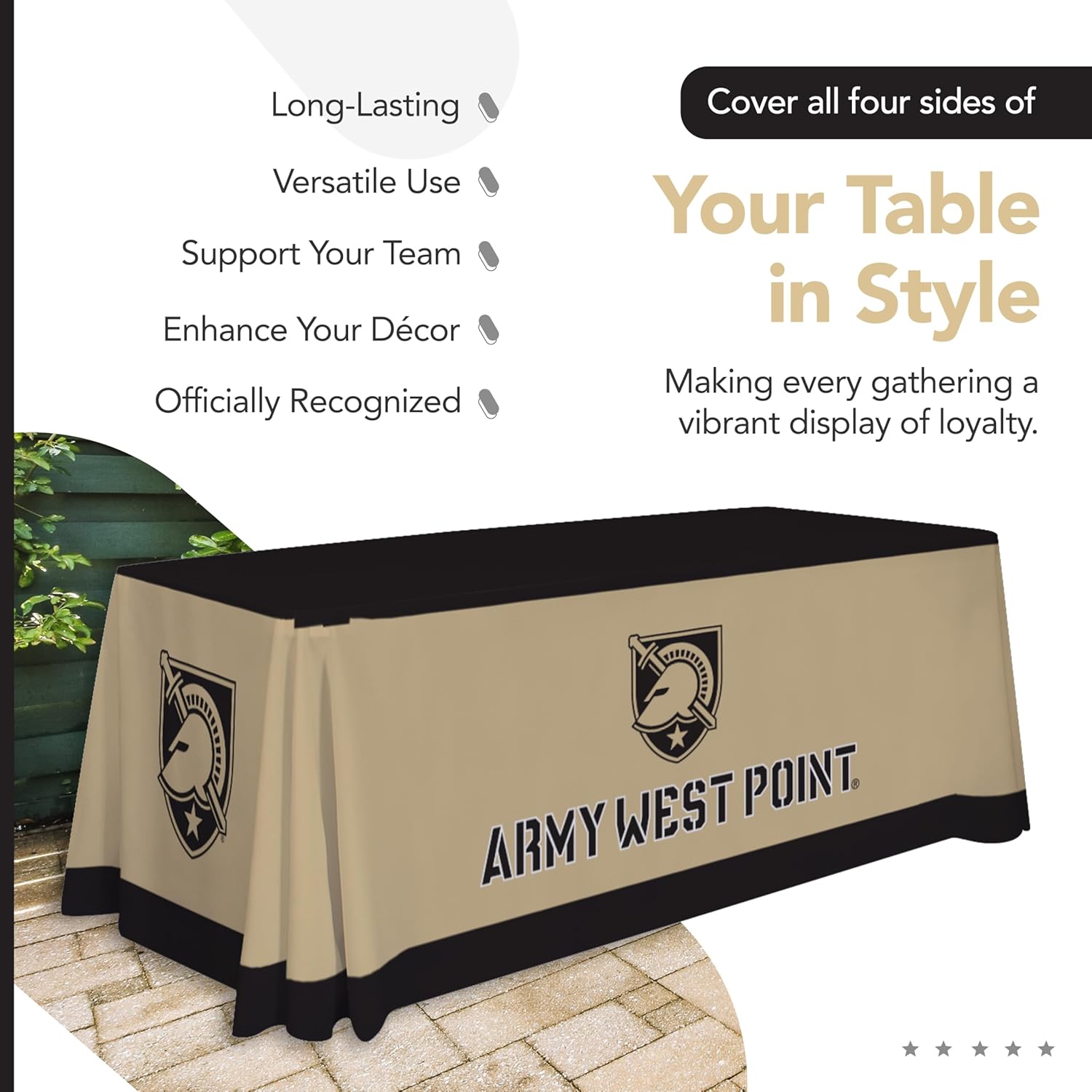 Army Black Knights College Sports Printed Table Throw - NCAA Licensed - Polyester - School Tablecloth (Black, Gold, White) (6' Draped)