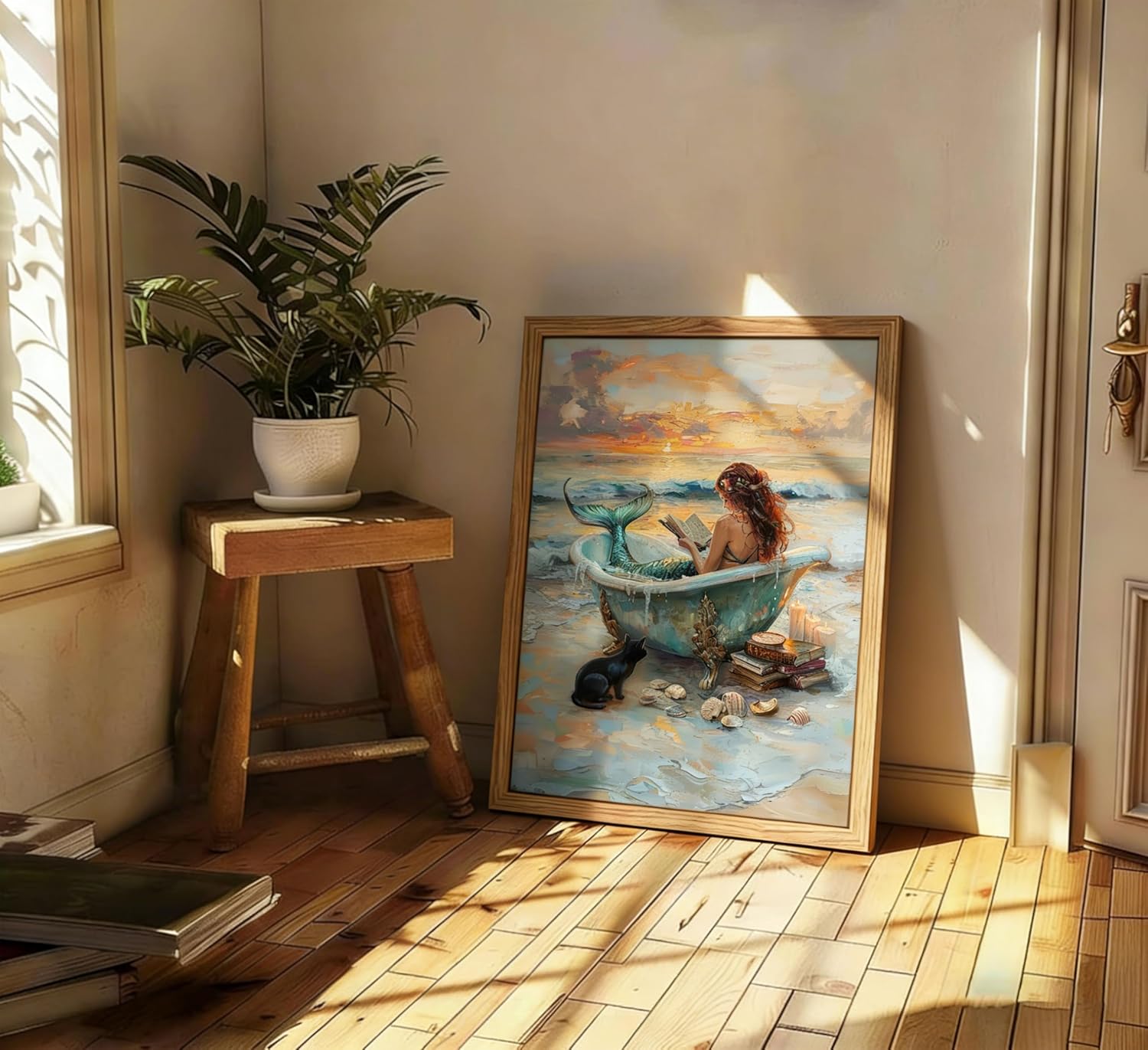 INADIKEIN Vintage Beach Shells Bathroom Wall Art, Cute Black Cat Mermaid Bathtub Reading Canvas Prints, 12x16 Framed, for Bedroom Bathroom Decor