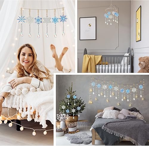 Miniatura 5 de Perthlin Juego de 6 piezas de arte de diamantes de copo de nieve de invierno de doble cara, atrapasoles, campanillas de viento, adornos de diamantes