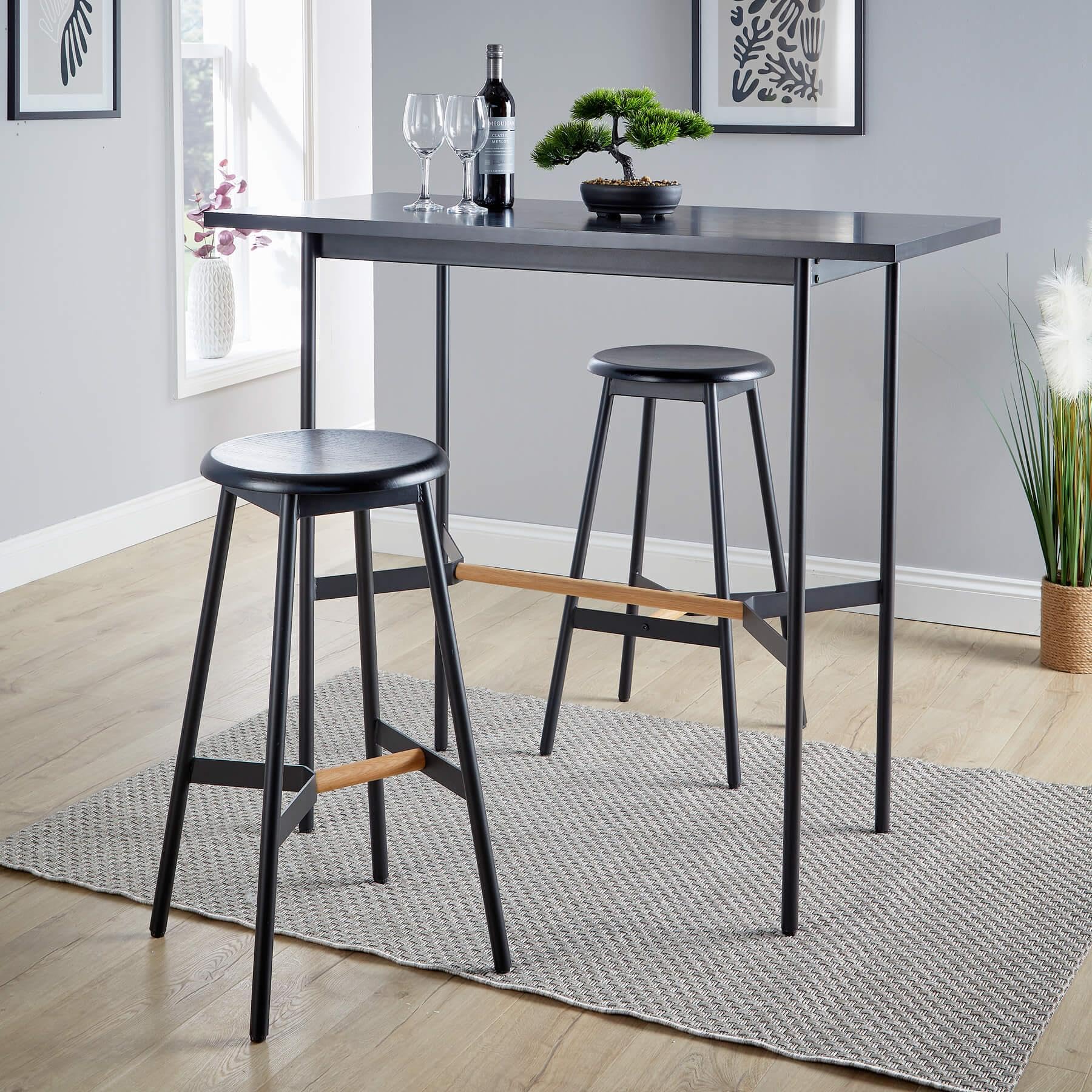 Home Source Dining Kitchen Breakfast Bar Table and Chair Set, Black Metal and Oak Veneer, 2 Stools