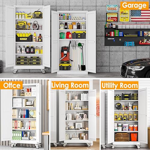 Miniatura 8 de Armario de almacenamiento de garaje de metal de 71 pulgadas de alto con ruedas, archivadores de acero con 2 puertas y 4 estantes ajustables para
