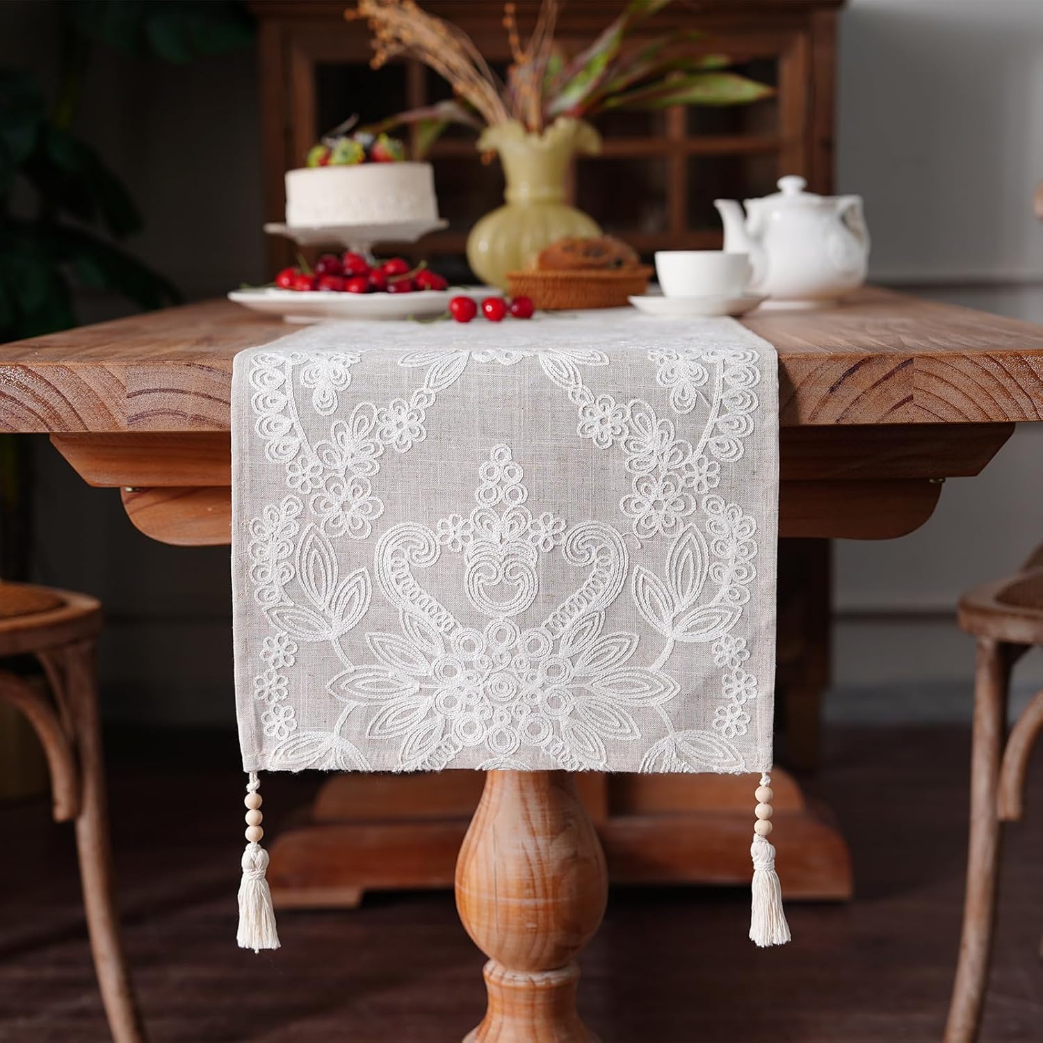 Embroidered Table Runner Boho Farmhouse Dresser Scarf Macrame Rustic Lace Doily with Tassel for Kitchen Indoor Outdoor Fireplace (Beige A, 14 x 75 Inches)