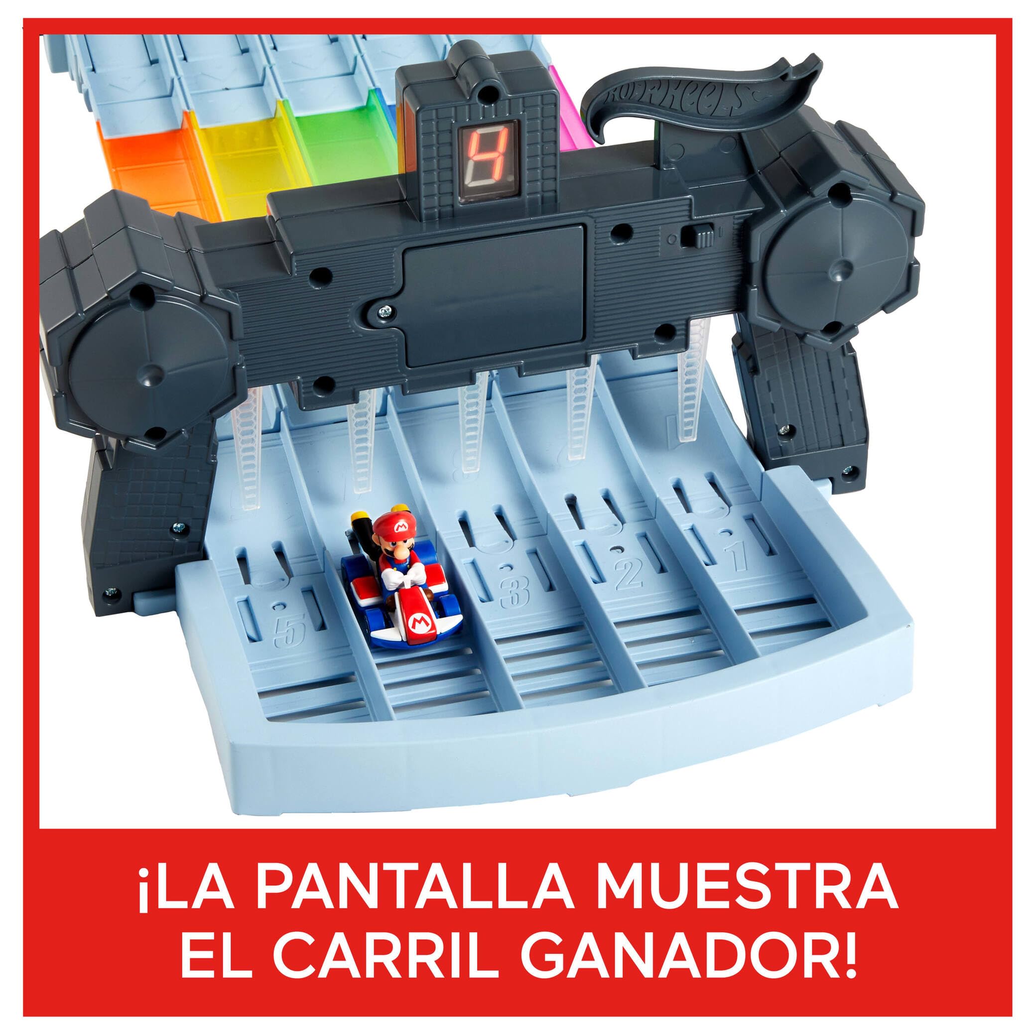 Hot Wheels Mario Kart Pista Arcoiris de Coches de Juguete con Luces y Sonidos, Incluye 2 vehículos Personaje Die-Cast (Mattel GXX41)