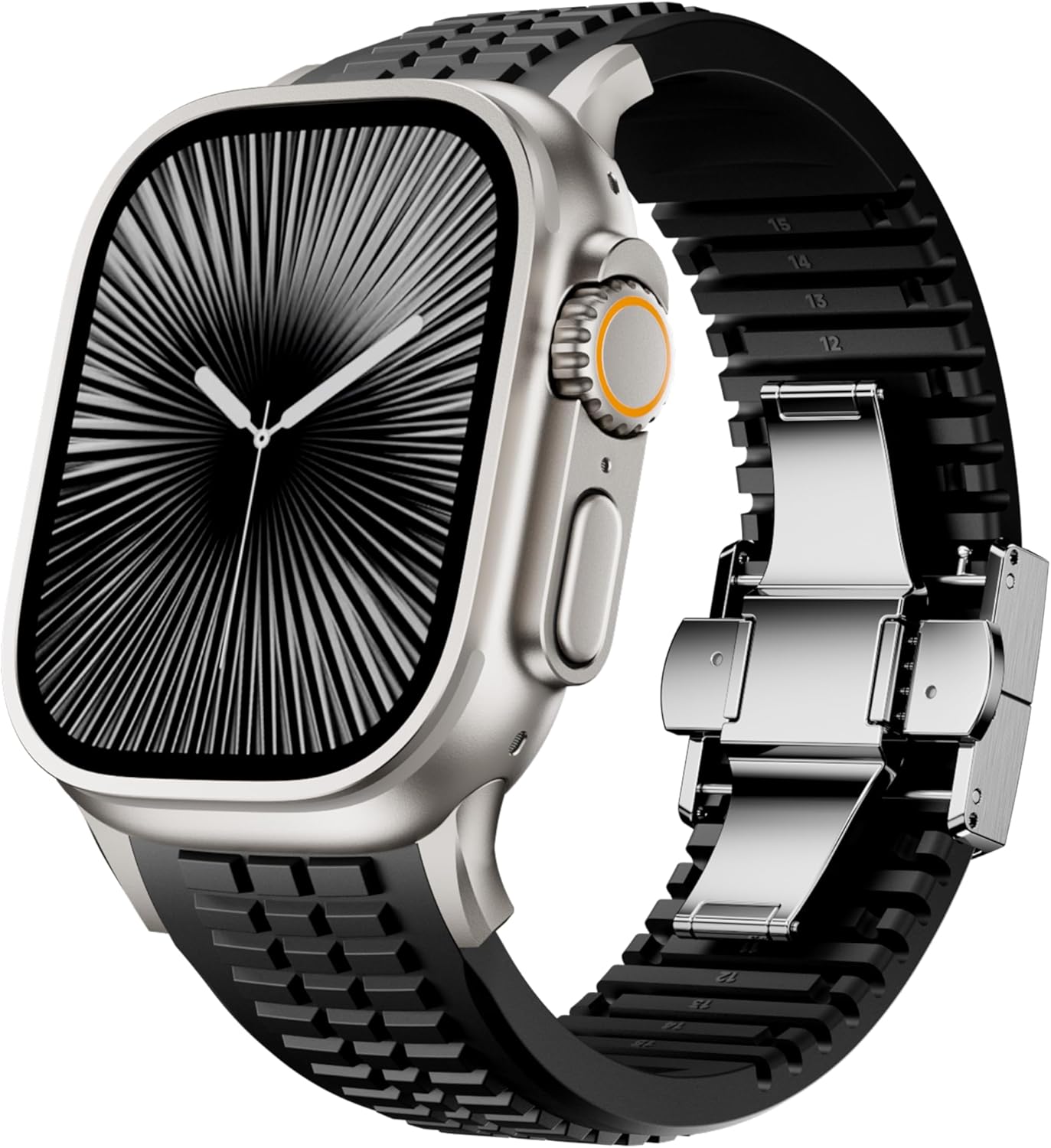 Silicone Sport Band Compatible with Apple Watch Ultra 3/2/1 Band 49mm 46mm 45mm 44mm, Rugged Heavy Duty Bands with Stainless Steel Folding Buckle Modern Design for iWatch Series 11 10 9 8 7 for Men (Black-Silver, 49mm/46mm/45mm/44mm/42mm(Series 3))