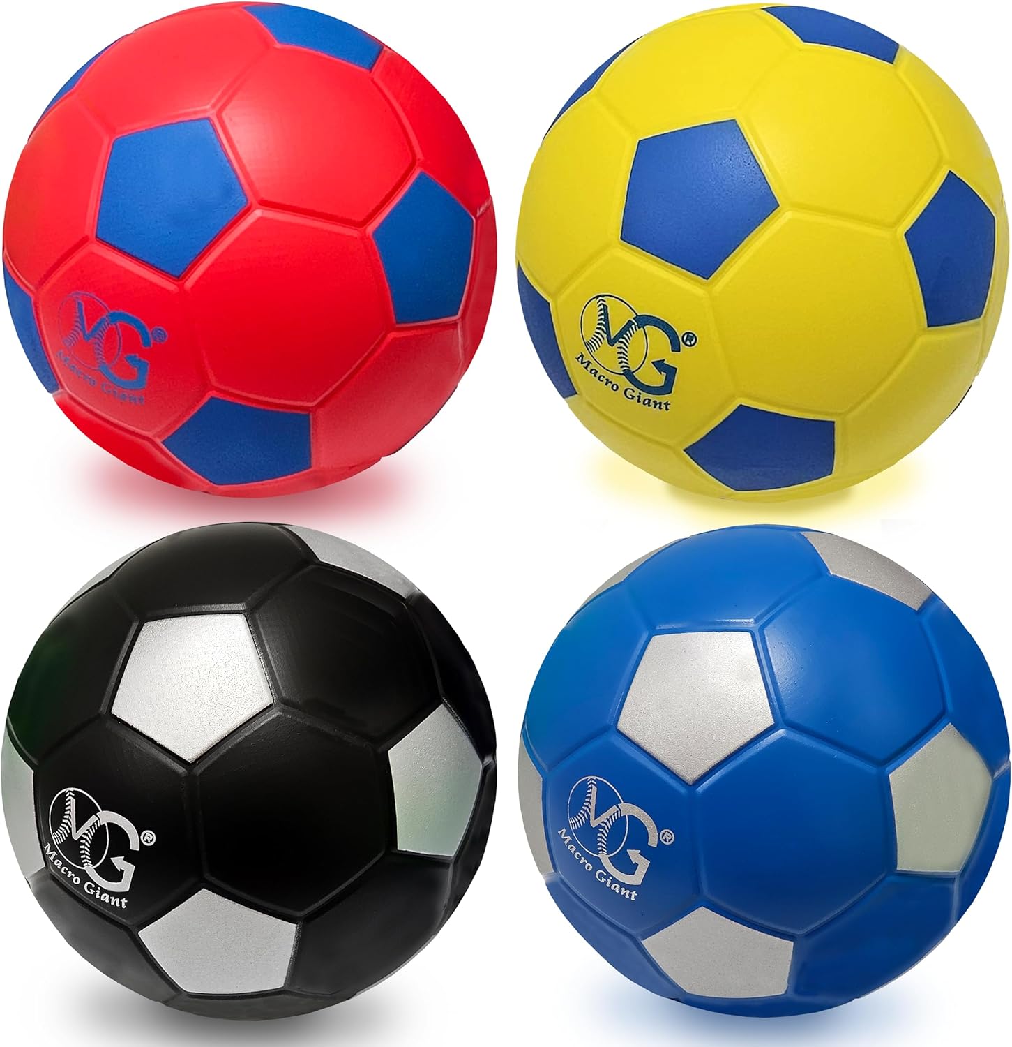 Macro Giant 6 Inch PU Foam Soccer Ball, Red, Blue, Black, Yellow, Set of 4, Kickball, Beginner, Backyard Games