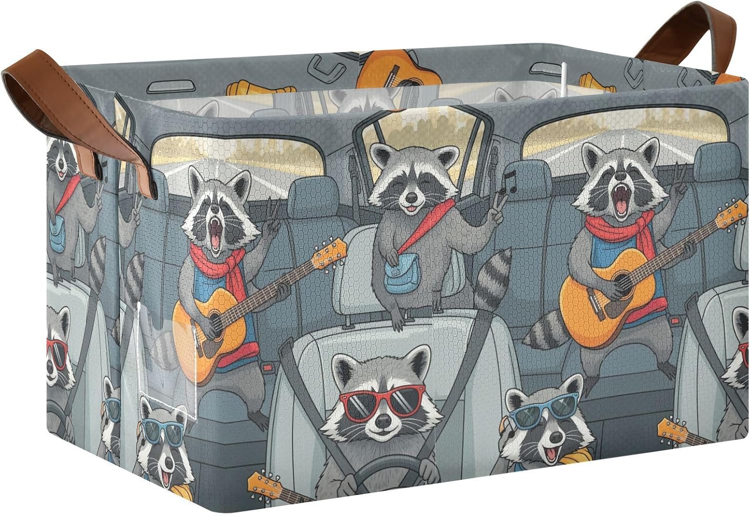 Funny Raccoons Playing Guitar Storage Bins Collapsible Storage Basket Box with Handles Organizer for Clothes Shelves Closet Cabinet Home Office, 1PC