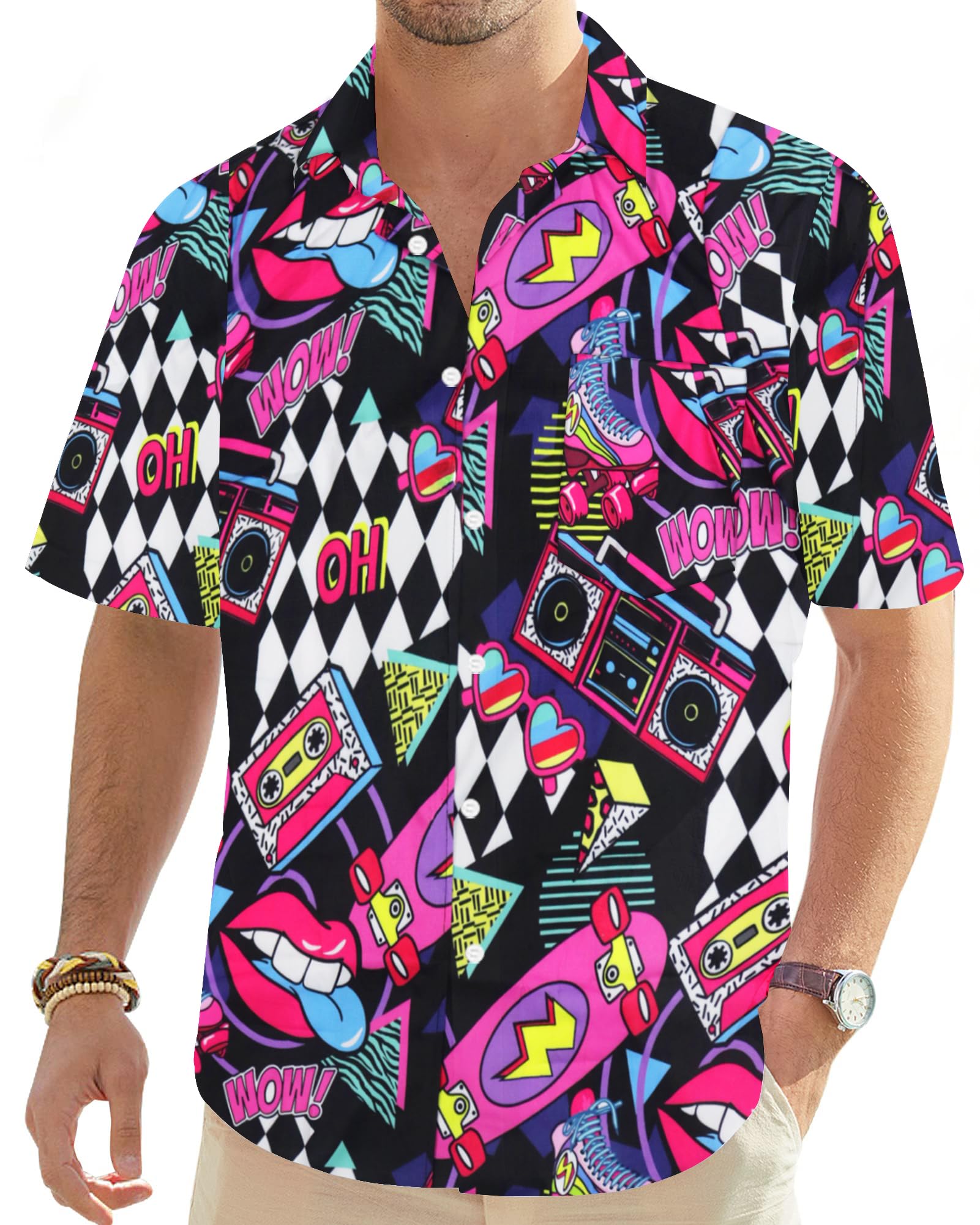tiorhooe Chemise hawaïenne rétro des années 80 pour homme - Manches courtes - Boutonnière