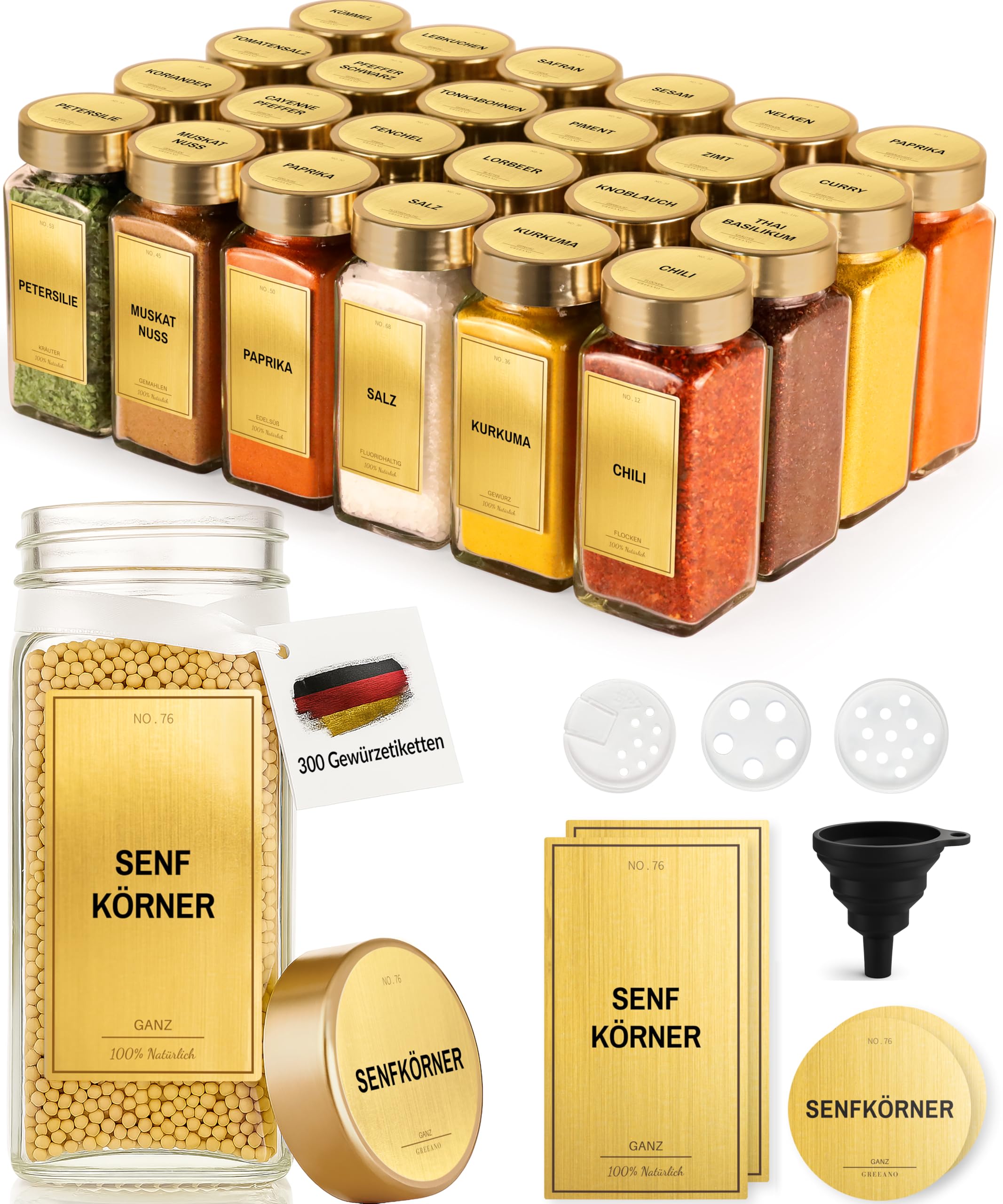Greeano Gewürzgläser Set [24 x 120ml] mit 300 Gewürzetiketten [DE] - Gewürze Aufbewahrung mit Streueinsatz - Gewürzdosen Glas - Gewürzbehälter Glas - Gewürz Organizer - Spice Jars Gold