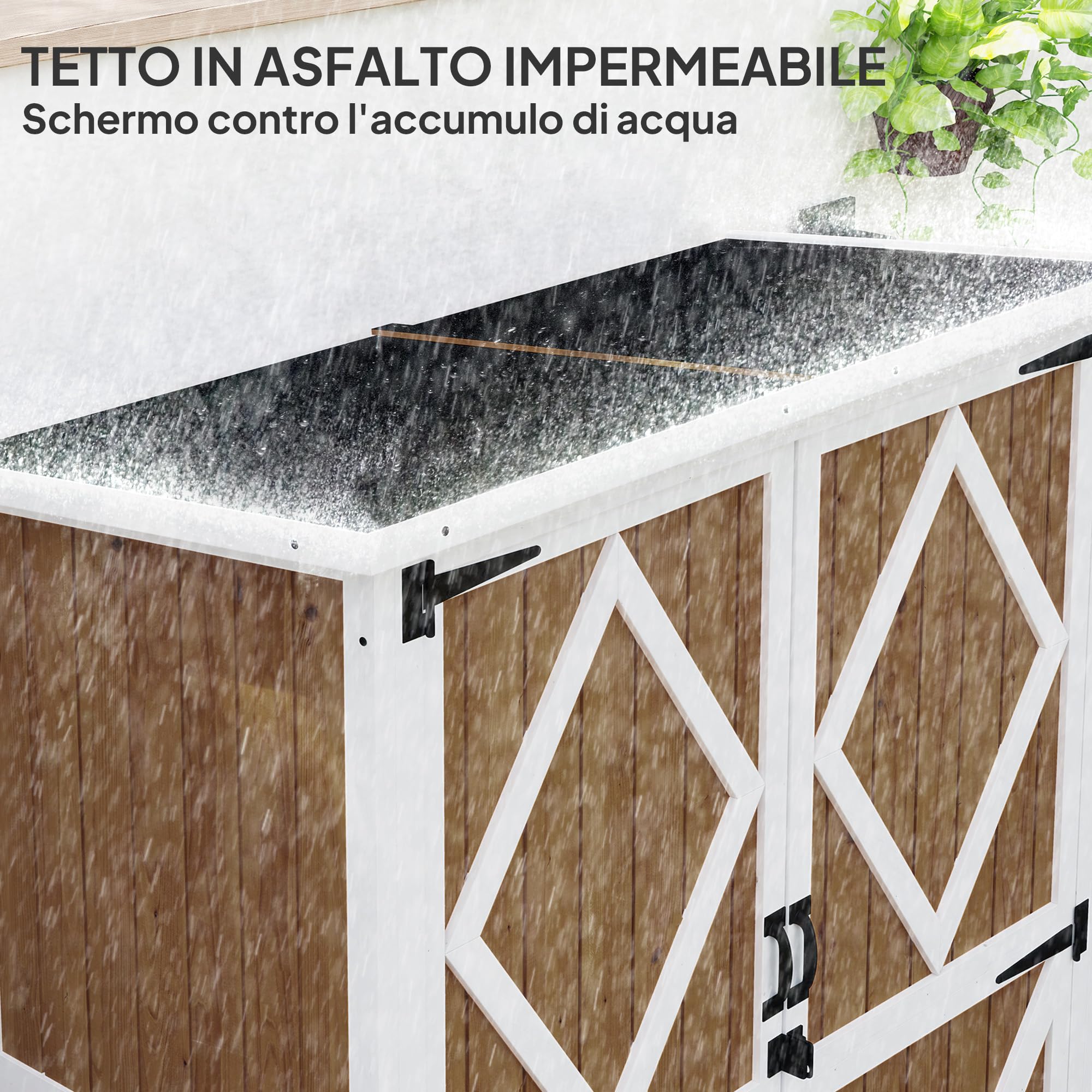 Outsunny Casetta da Giardino 0.55 m² con 2 Ripiani, 2 Porte con Serratura e Piedi Regolabili, Casetta Attrezzi Giardino in Legno di Abete e Tetto in Bitume, 116.5x57x159/167 cm, Marrone e Bianco