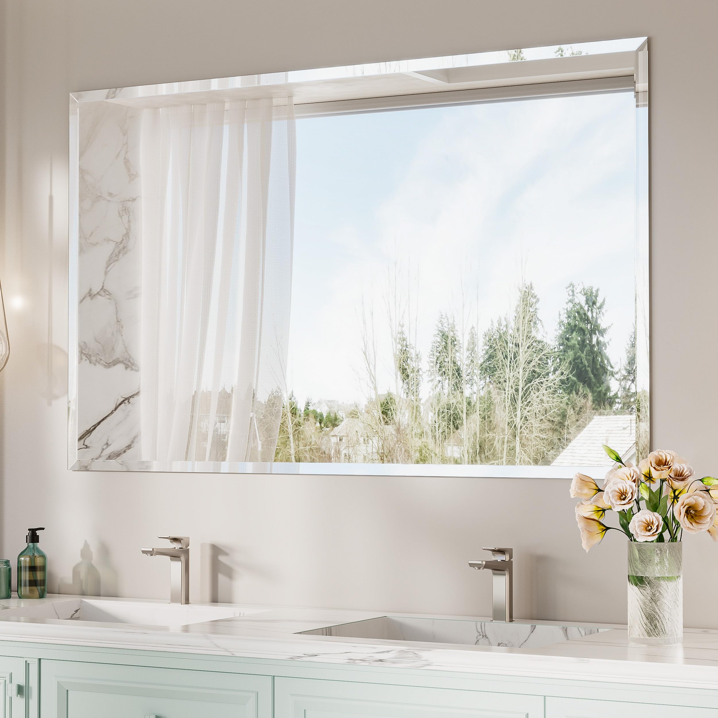 Keonjinn Beveled Bathroom Mirror 60” x 36“, Rectangle Mirrors for Bathroom Sink, Large Wall Mirror,Shatterproof, Modern Decorative for Living Room, Entryway, Bedroom, Horizontal/Vertical
