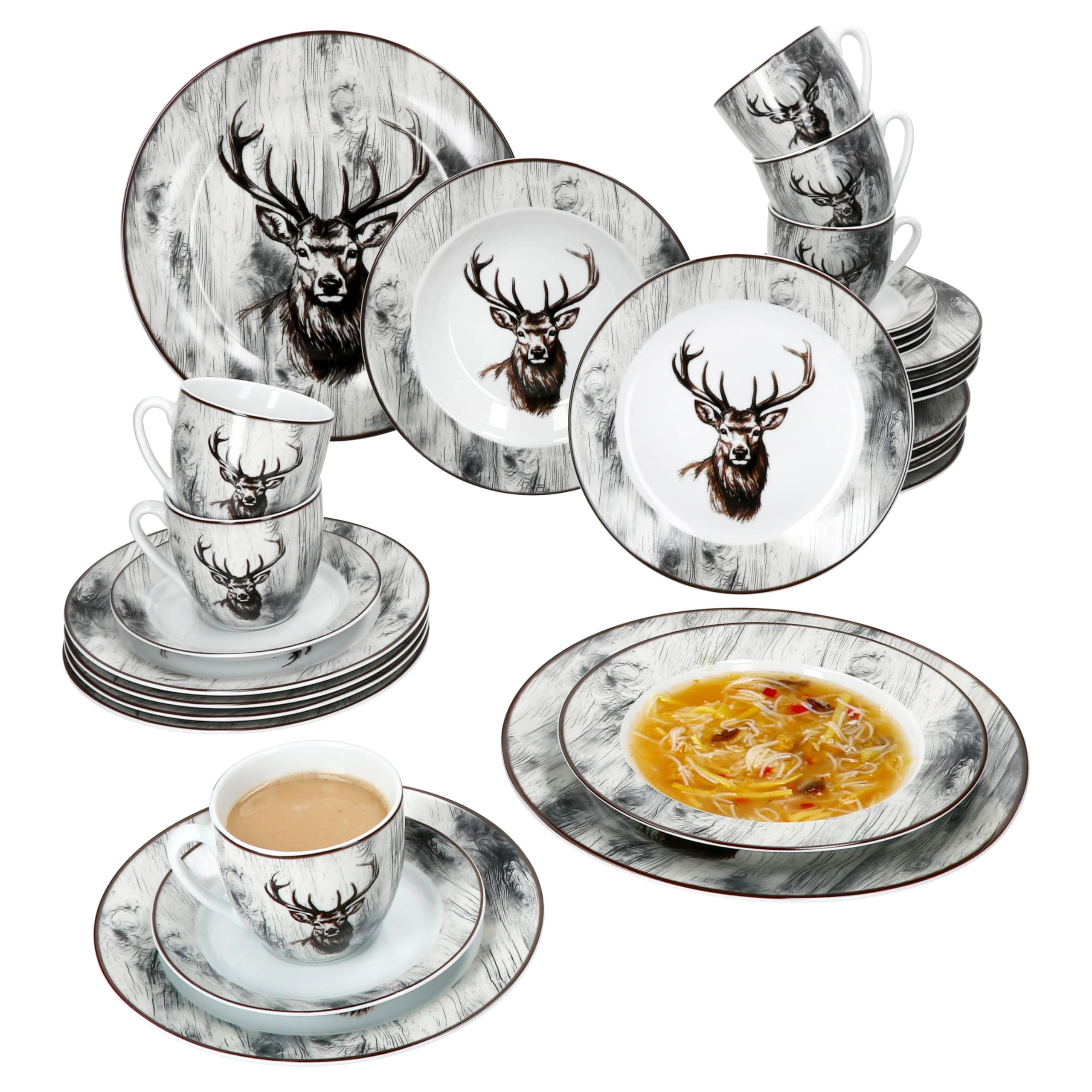 MamboCat Alois, servizio combinato da 30 pezzi, in porcellana con decorazione a cervo, per 6 persone, 6 tazze da 200 ml, piattini, piatti da torta, piatti fondi e piani