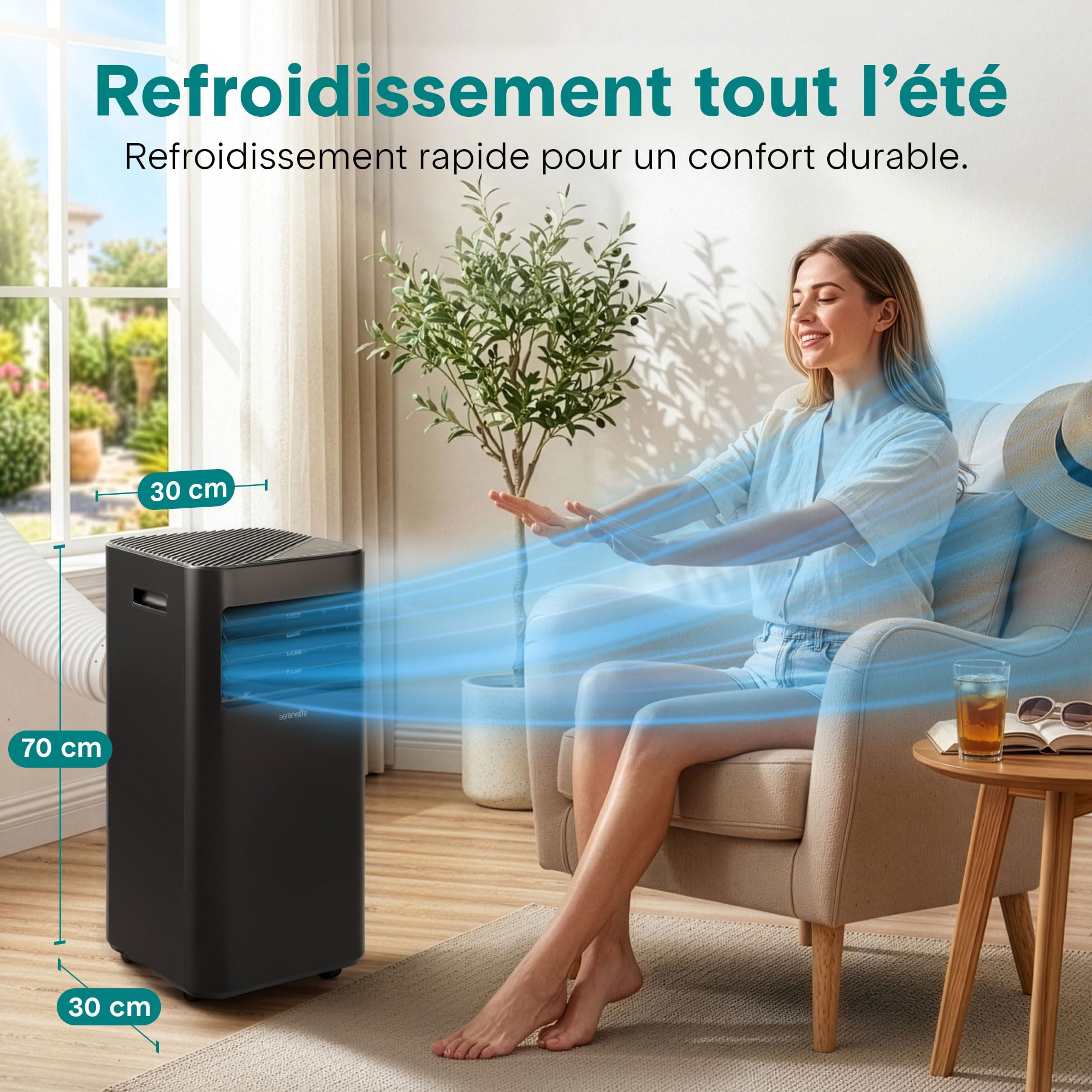 SereneLife Climatiseur Mobile 9000 BTU 2,0 kW – Climatiseur Portable avec Évacuation, 3 en 1 Refroidissement Déshumidificateur Ventilateur, Silencieux 54 dB, Télécommande et Kit Fenêtre