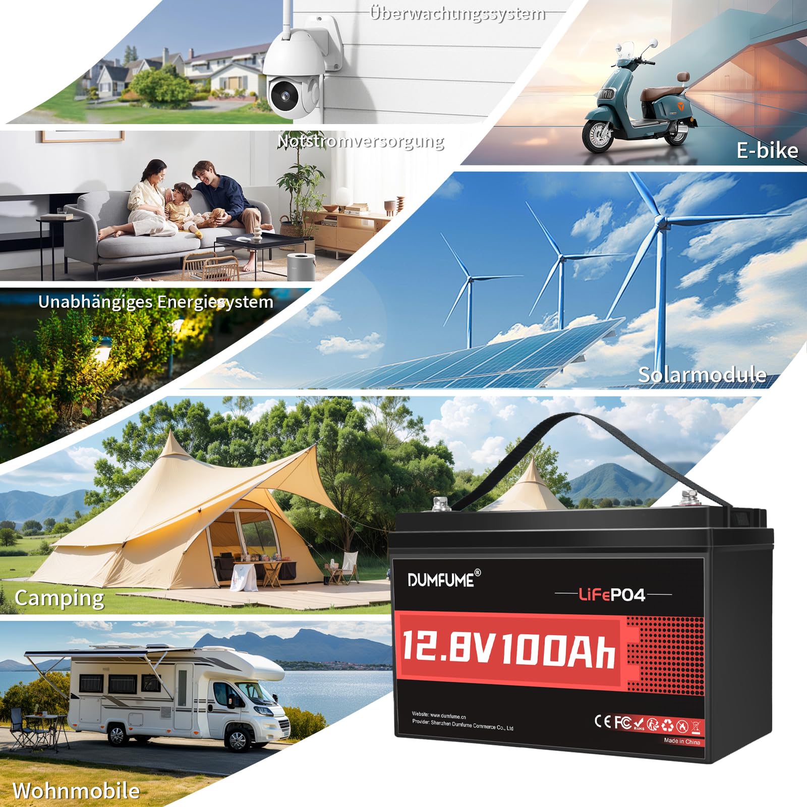 Dumfume Batteria al Litio 12V 100Ah LiFePO4 (1,28kWh) - Gruppo 24, BMS 100A, 15.000 Cicli, Alta Densità Energetica - Per Camper, Solare e Applicazioni Off-Grid